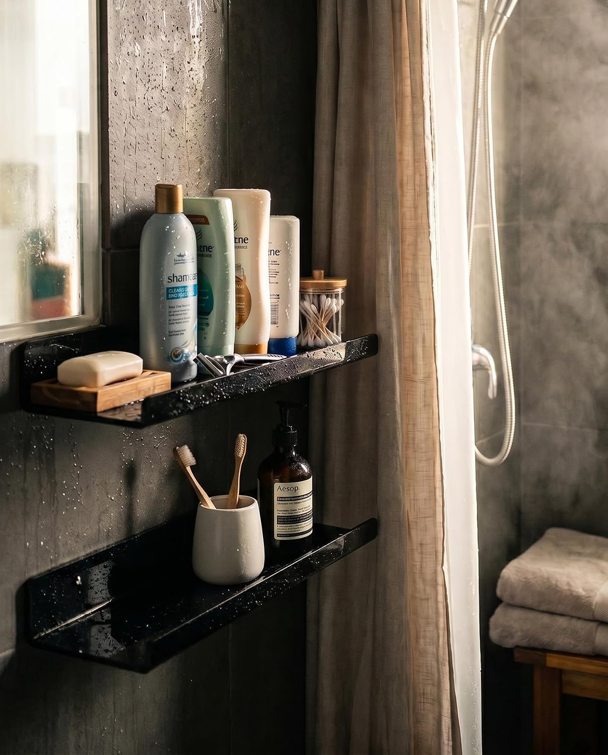 Black Acrylic Bathroom Shelf Wall Mounted Floating Organizer with Front Lip image 2