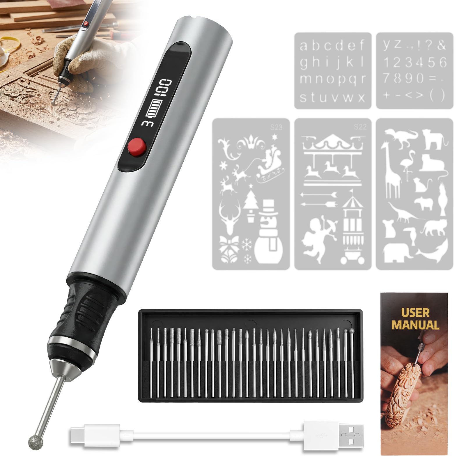 Stylo Graveur Électrique Sans Fil, Pignon de Gravure Électrique avec 30 Bits, Jusqu'à 25.000 U/min, Mini Graveur, Rechargeable par USB, pour Bois, Bijoux, Métal, Verre, Céramique, pour Bricolage
