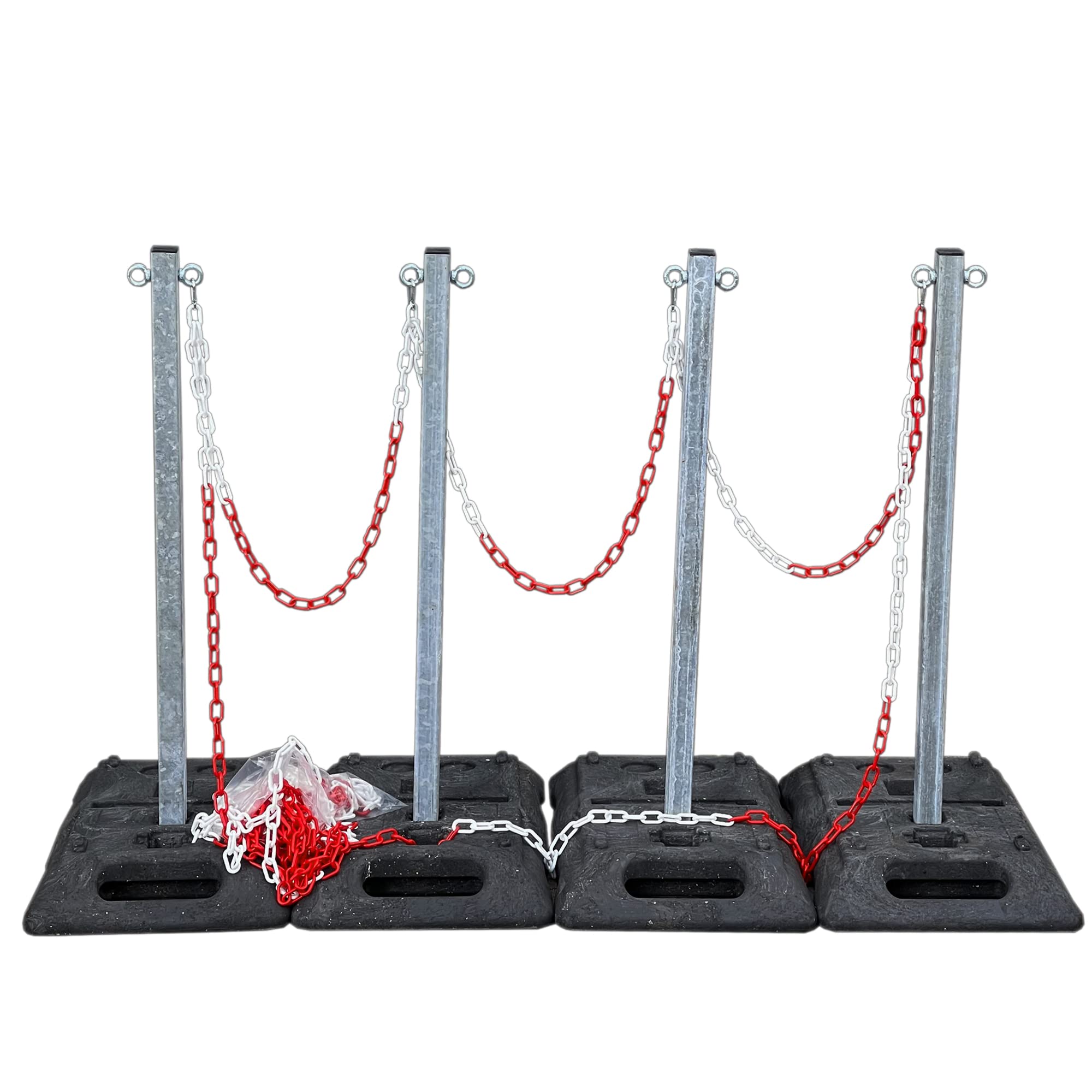 UvV Profi X40 Kettenpfosten Stahl 40 kg Set 4 x 1m x 40/40 Stahlpfosten + 15 kg schwere Fußplatte + 12,5m Absperrkette (Set B 4 Pfosten verzinkt)