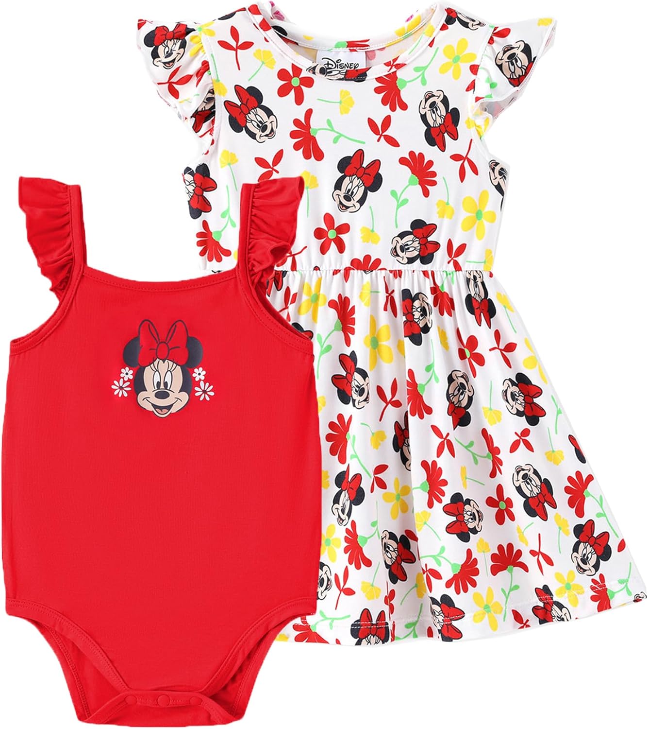 Disney Baby Girls Bodysuit and Round Neck Ruffle Sleeve Dress Clothes Outfit Set for Newborn to Infant