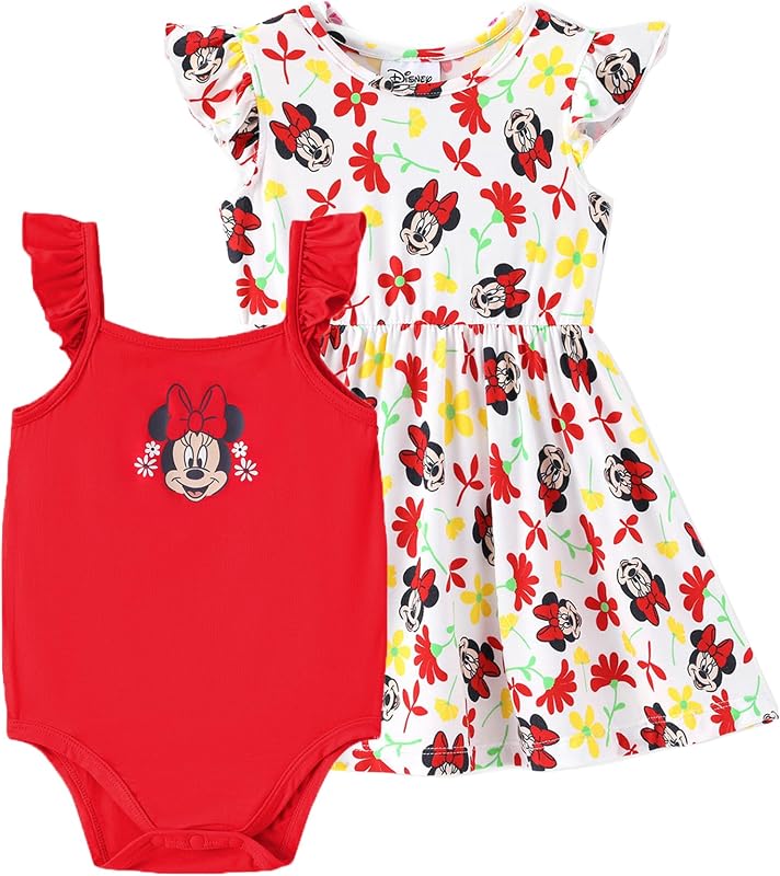 Baby Girls Bodysuit and Round Neck Ruffle Sleeve Dress Clothes Outfit Set for Newborn to Infant