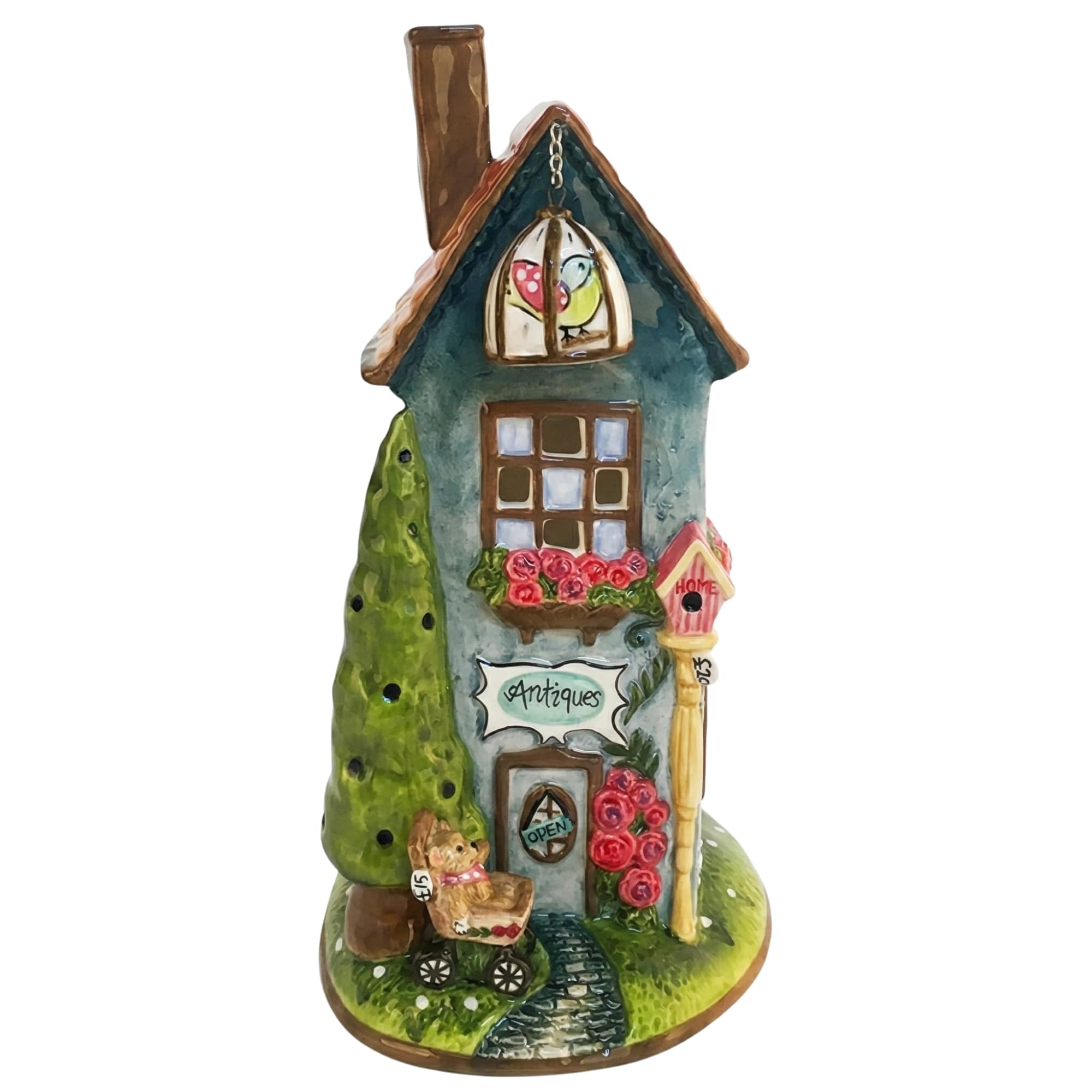 Blue Sky Clayworks Spring Candle House, Ceramic, 5" L x 5" W x 10" H, Birdcage Window Glow