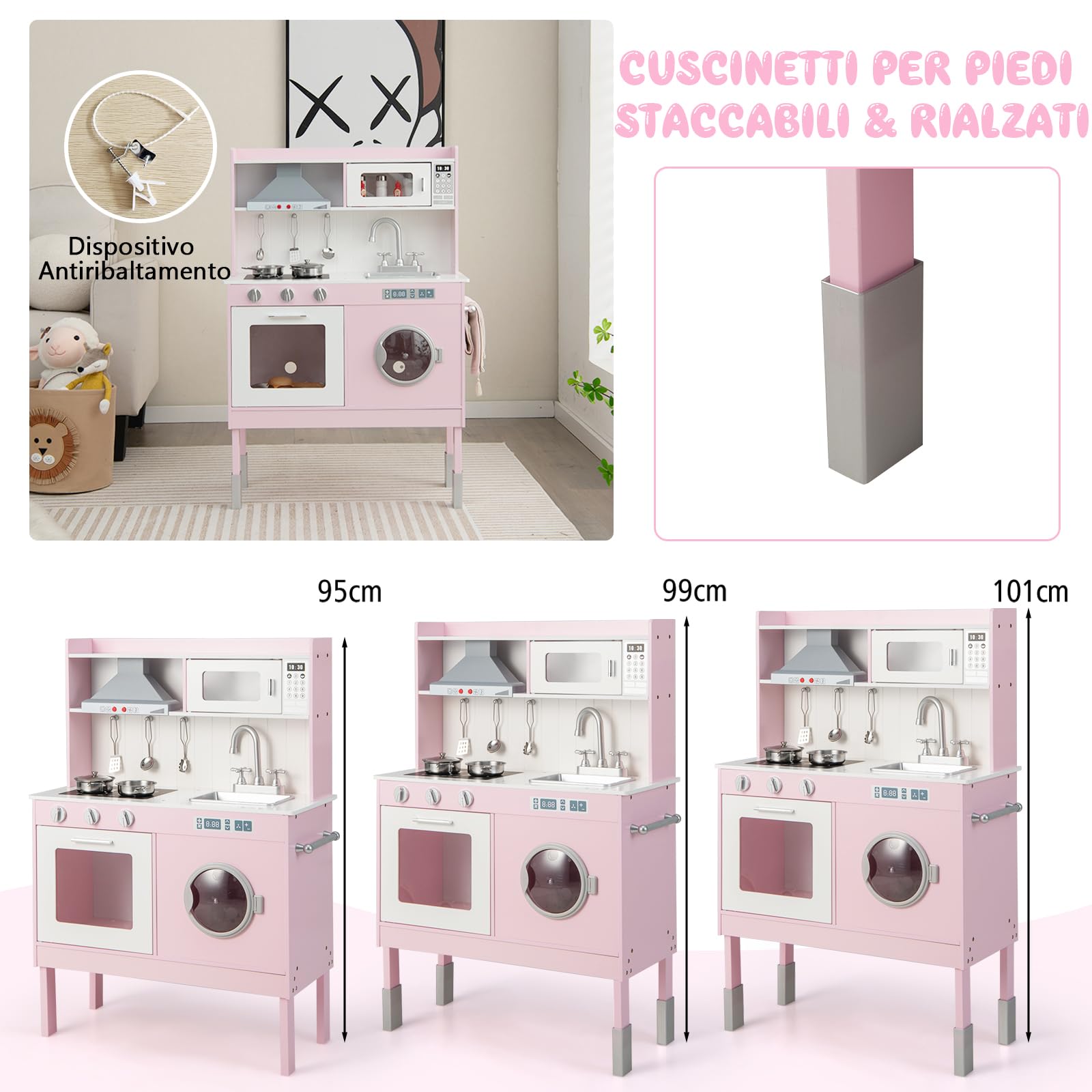 GYMAX Cucina Giocattolo per Bambini in Legno, Gioco Cucina con Accessori, Set da Gioco per Bambini con Luci e Suoni, Kit da Cucina Montessori con Abbricatore di Ghiaccio dai 3 Anni + (Stile 3)