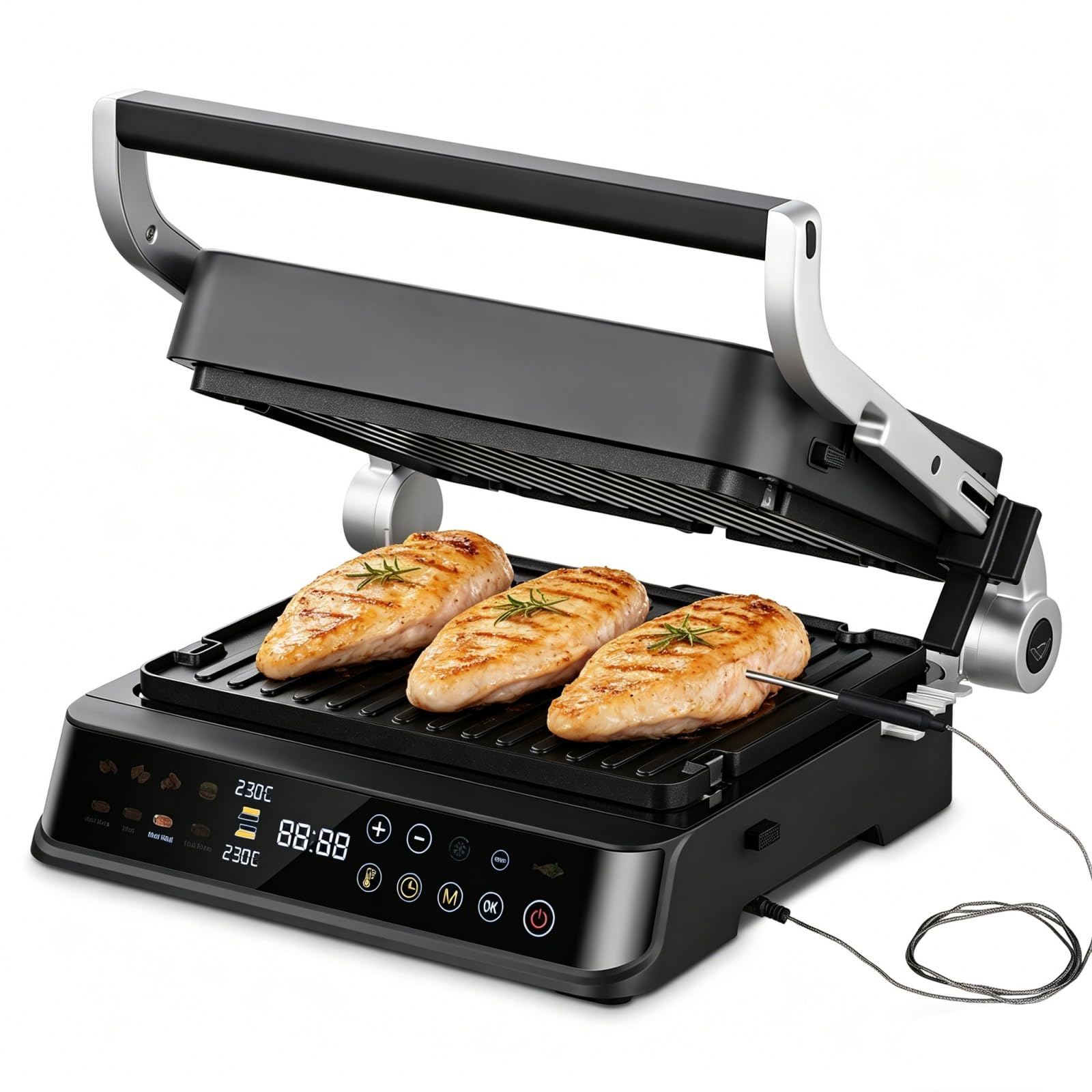 AMZCHEF Grill Contact XL 6-en-1 avec Sonde de Température, 280°C GrillBoost, 6 Programmes, Double Zone, Ouverture 180°, Plaques Antiadhésives pour Steak, Panini, Gaufres & Sandwich