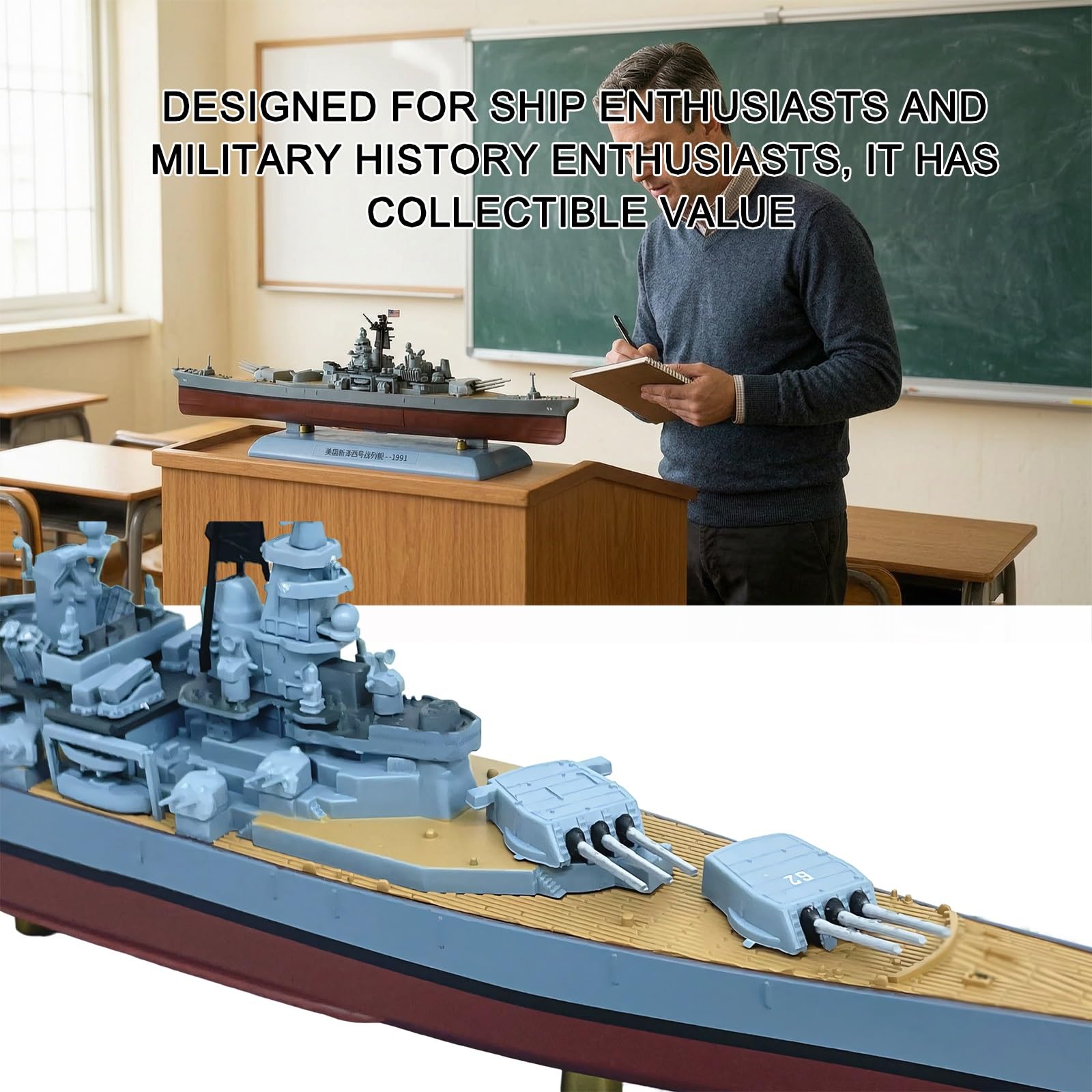 Pancernik USS 1991 New Jersey w skali 1:1000 Wstępnie zmontowany model ze stopu ze stojakiem i podstawą wodną – prezent dla kolekcjonerów wojskowych na biurko, półkę lub gablotę(B)