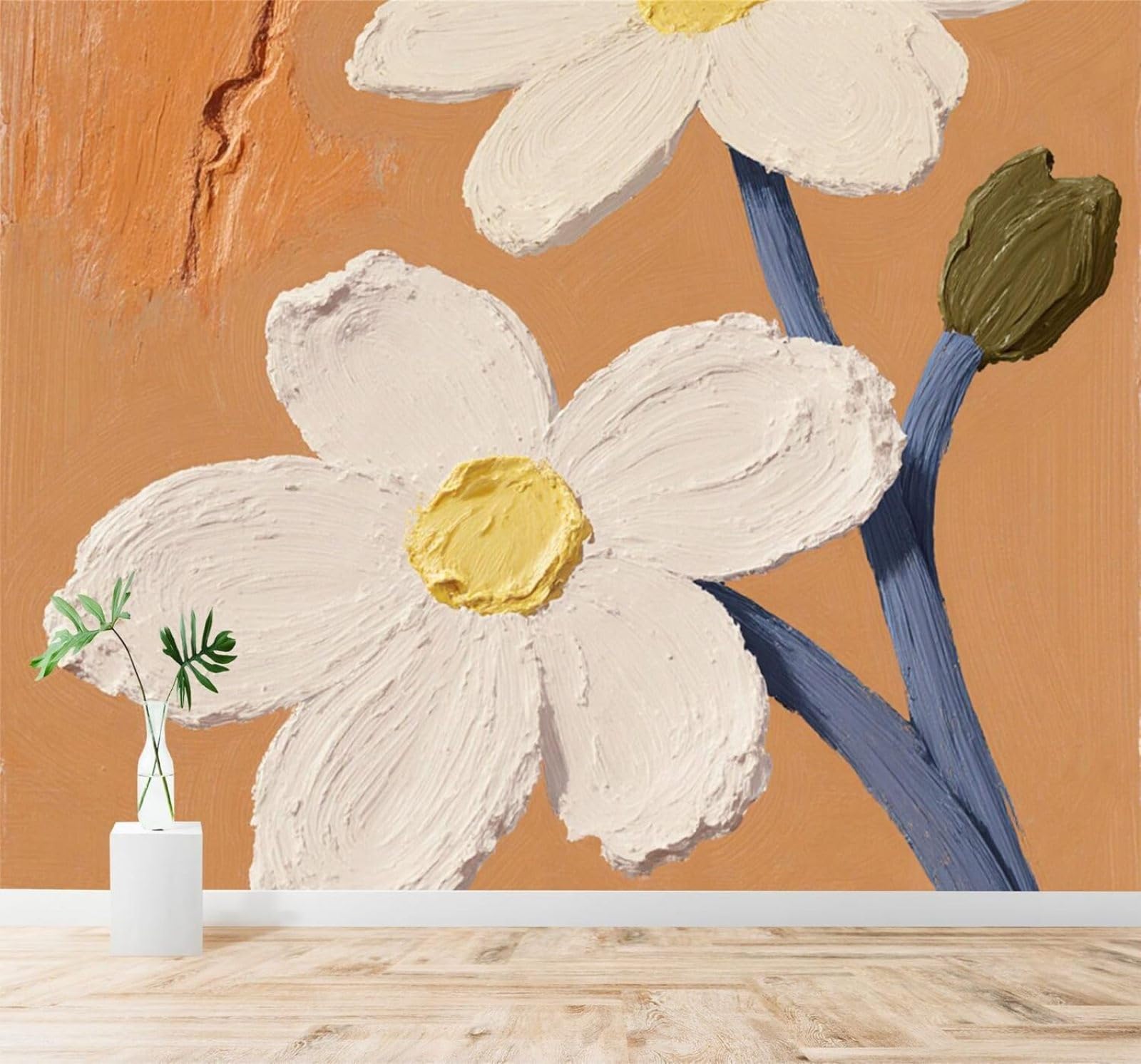XLMING Minimalist Hand Drawn White Flowers Yellow Background 3D Wallpaper Silky Texture Home Study Office Grey Dining Room Sofa Bedroom Living Room TV Backdrop-400cm×280cm