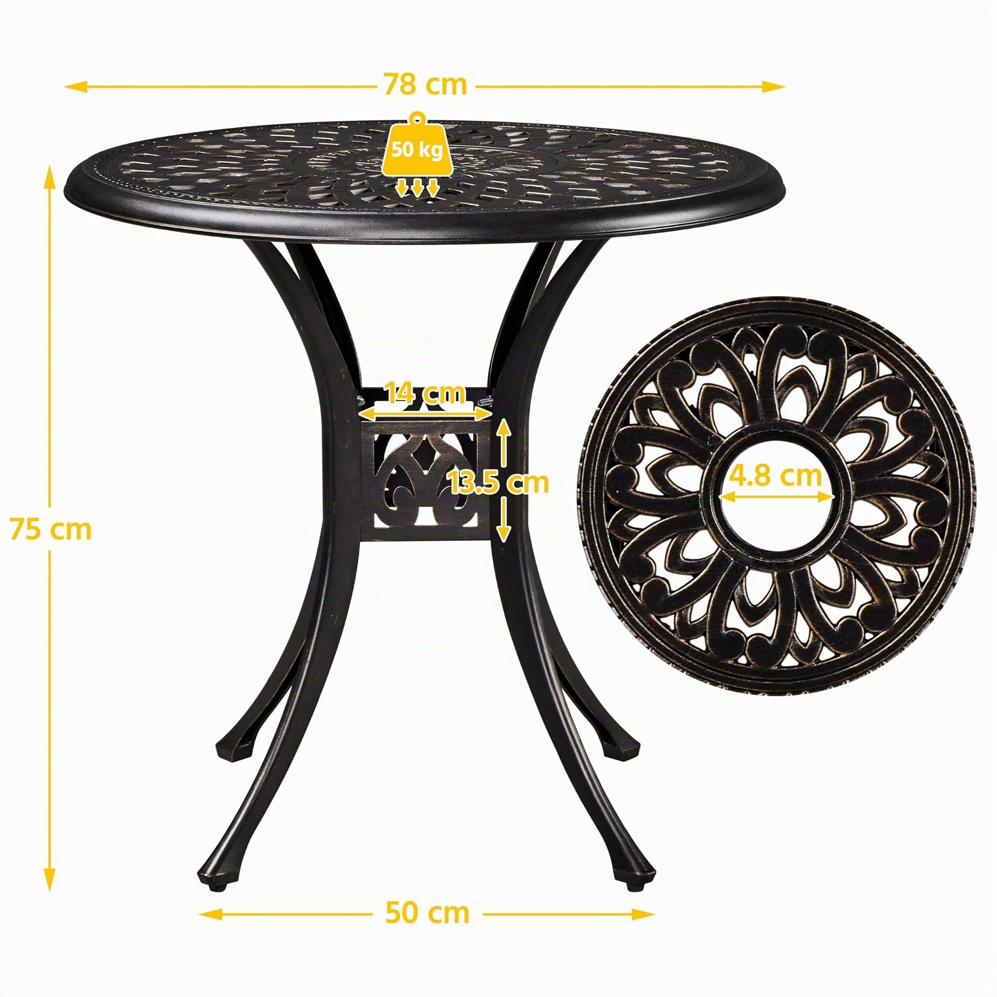 Yaheetech Tavolo da Giardino Bistrot Rotondo Esterno 78 × 75 cm in Alluminio Vintage con Foro per Ombrellone di Diametro 4,8 cm per Balcone Patio Piscina Bronzo