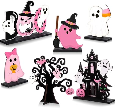 Kathfly 6 Pcs Halloween Wooden Signs Pink Ghost Table Centerpiece Decor