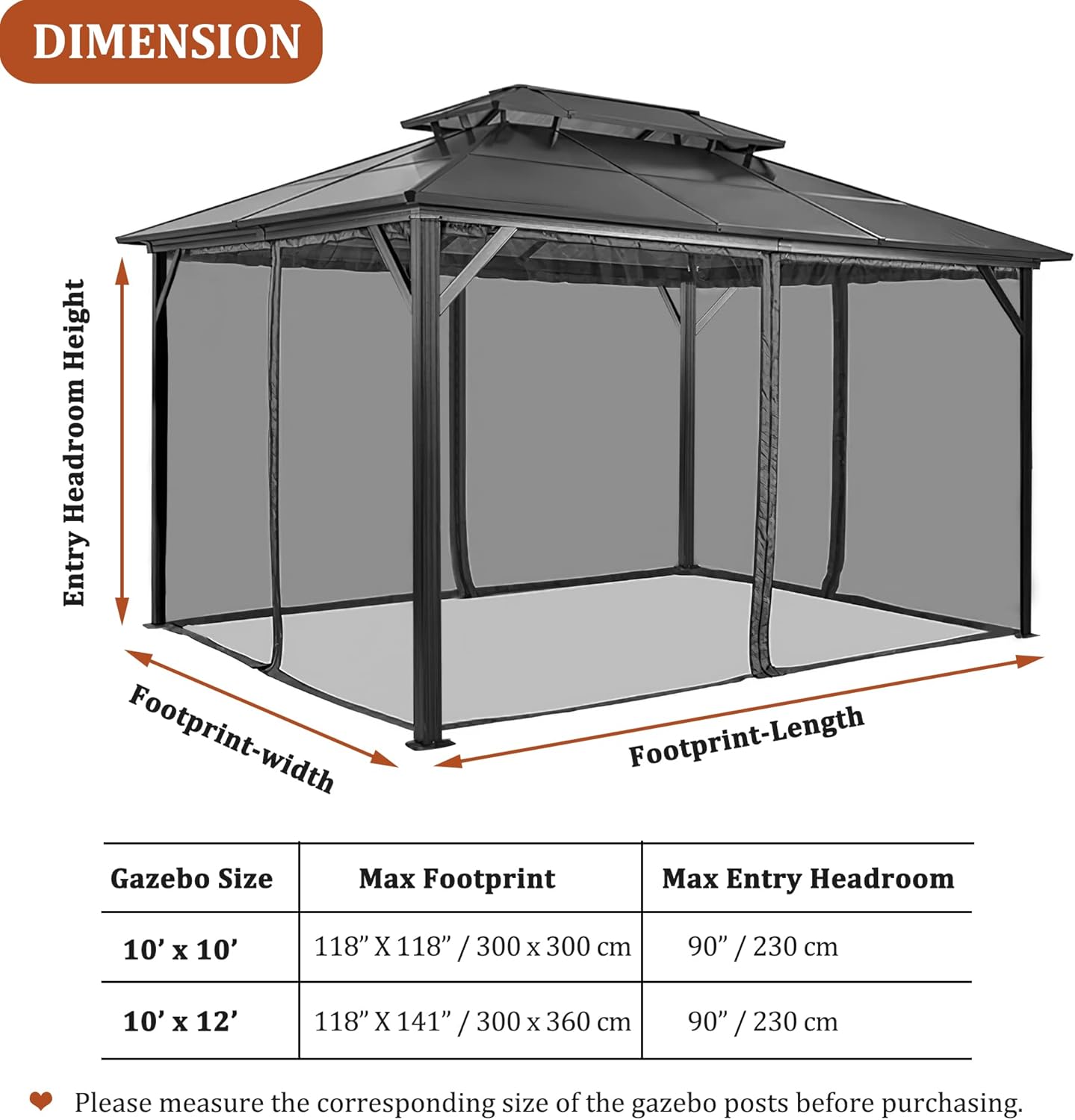 Gazebo Mosquito Netting Replacement 10x10ft, Universal Gazebo Netting for Outdoor Patio Garden Backyard Gazebo Canopy 4-Panel Screen Sidewall, Black
