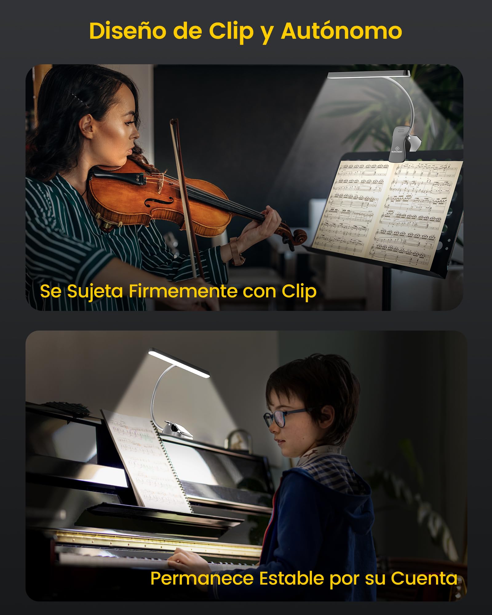Glocusent 57 LED Lampara Partituras, Lampara Piano para el Cuidado de los Ojos, 3 Colores y 5 Brillo, Recargable por USB C, hasta 140 Hrs, Para el Piano, Partituras, Guitarra