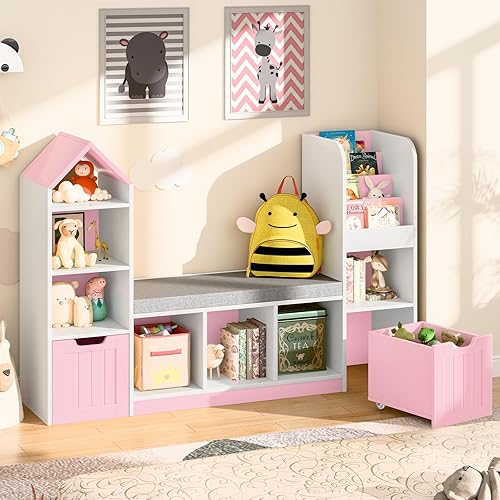 Miniatura 4 de Estantería y estantería para niños con rincón de lectura, rosa, moderno, 3 estantes, organizador de almacenamiento de juguetes para habitación de