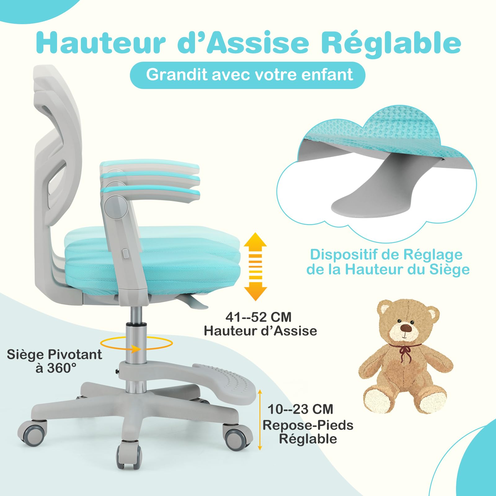 COSTWAY Chaise Bureau Enfant Pivotante avec Hauteur Réglable, Fauteuil Bureau Enfant avec Accoudoirs & Repose-Pieds Réglables, Dossier Ergonomique, Coussin Amovible, Charge 150 kg，3-15 Ans (Vert)