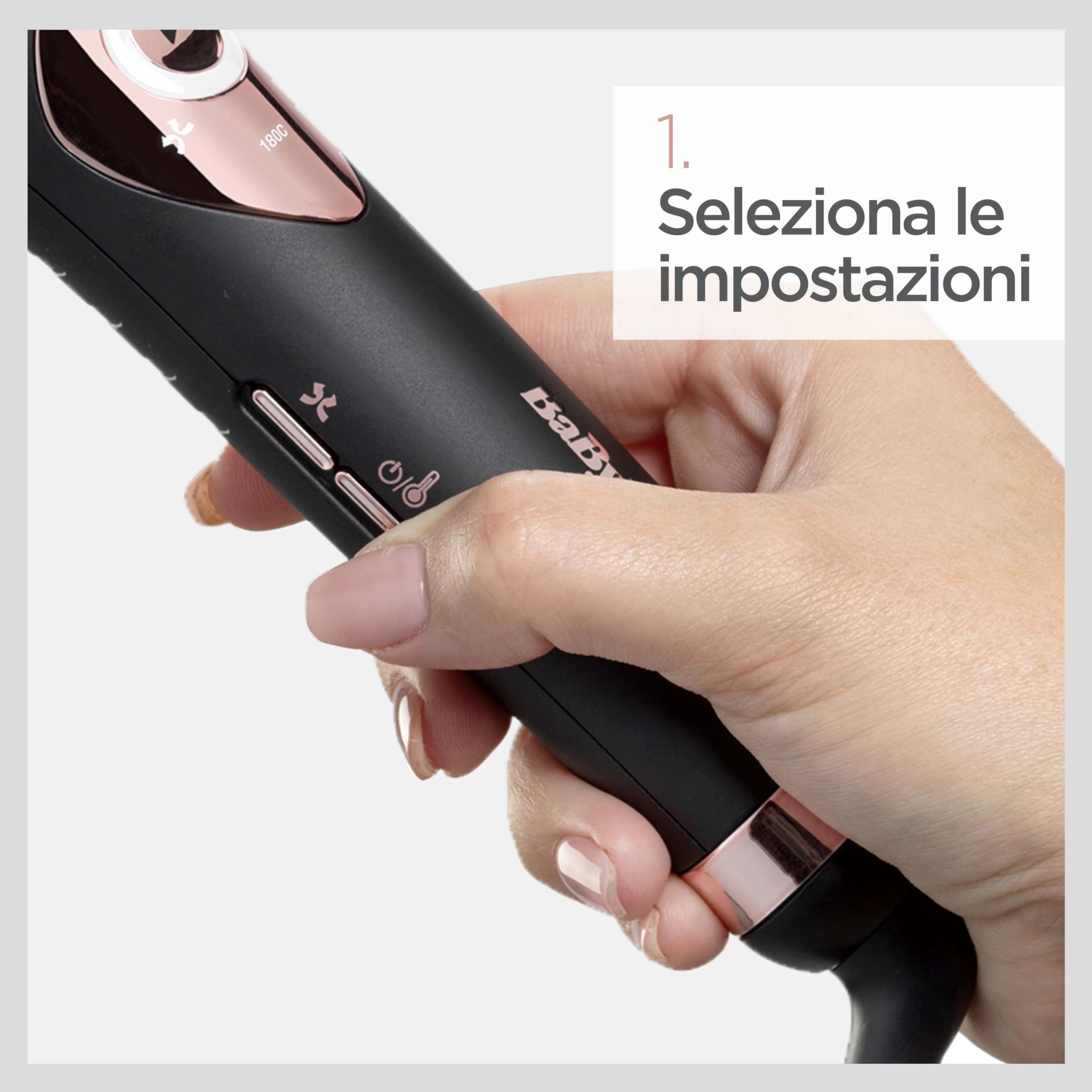 BaByliss Curl Secret Lite, Arricciacapelli automatico, look mossi facili da realizzare, 5 impostazioni di temperatura fino a 210°C, Nero e Rose Gold, C1031E