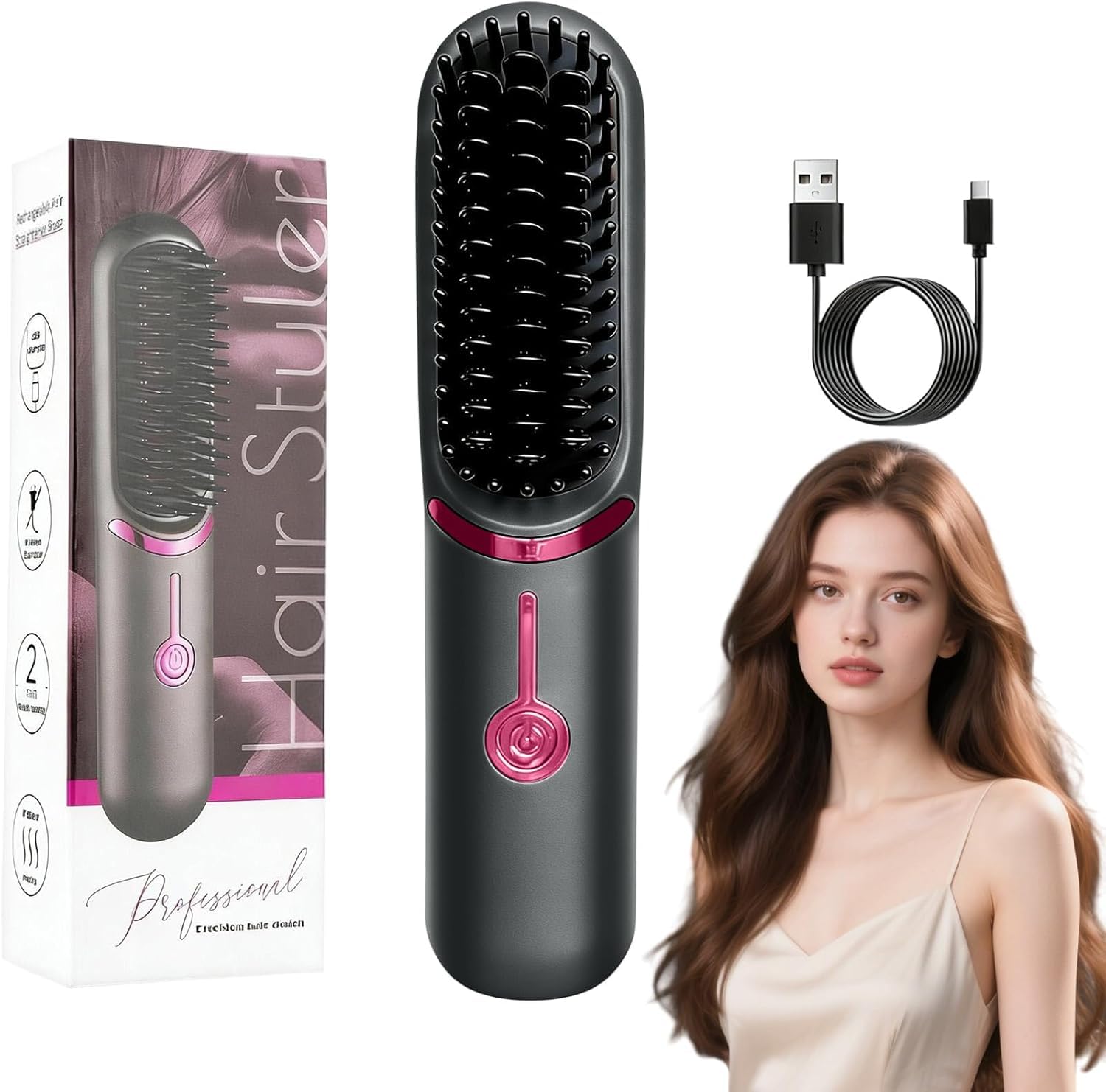 Brosse Lissante pour Cheveux, Lisseur Cheveux Céramique, (Gris) | Portable Sans Fil PTC Chauffage Lisseur, 3 RéGlages De TempéRature, Céramique Anti-BrûLure, pour Voyage & Powerbank