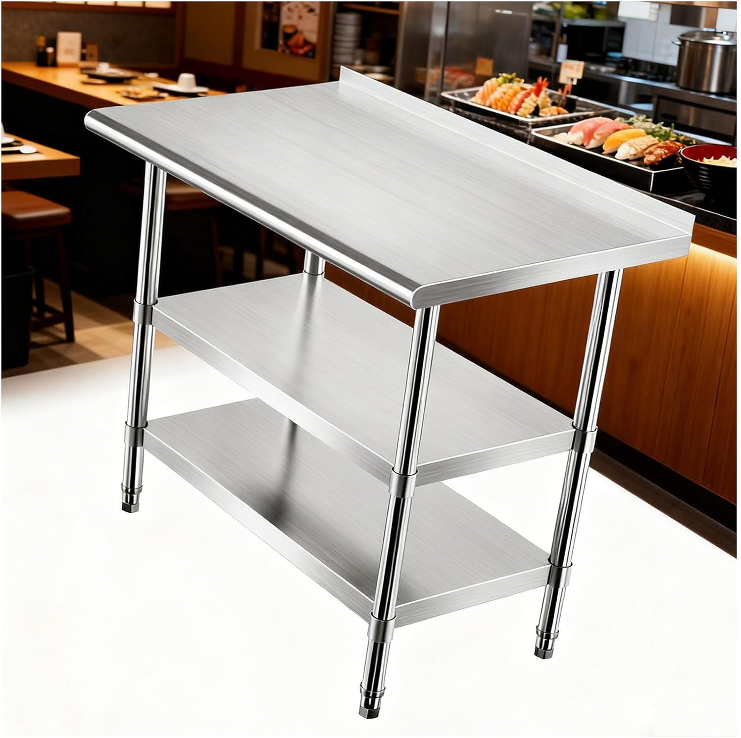 Adjustable Shelf Workbench with Back Panel Three-Tier Home Workstation Parcel Packing Table Worktable Metal Rounded-Corner Table Easy Assembly for Restaurants and Hotels(76x61x85cm/29.9x24.0x33.5”)