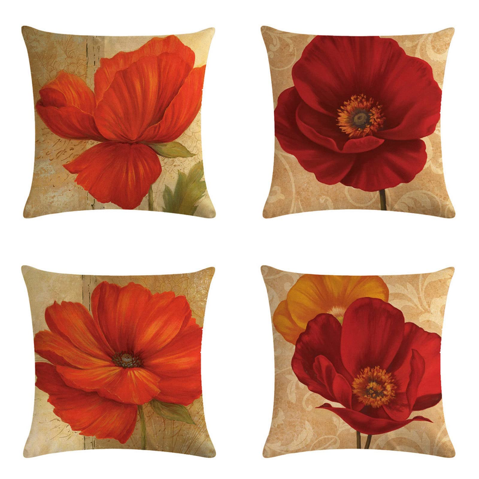 Housse de coussin 65x65cm lot de 4 en lin avec motif fleur rouge pour canapé