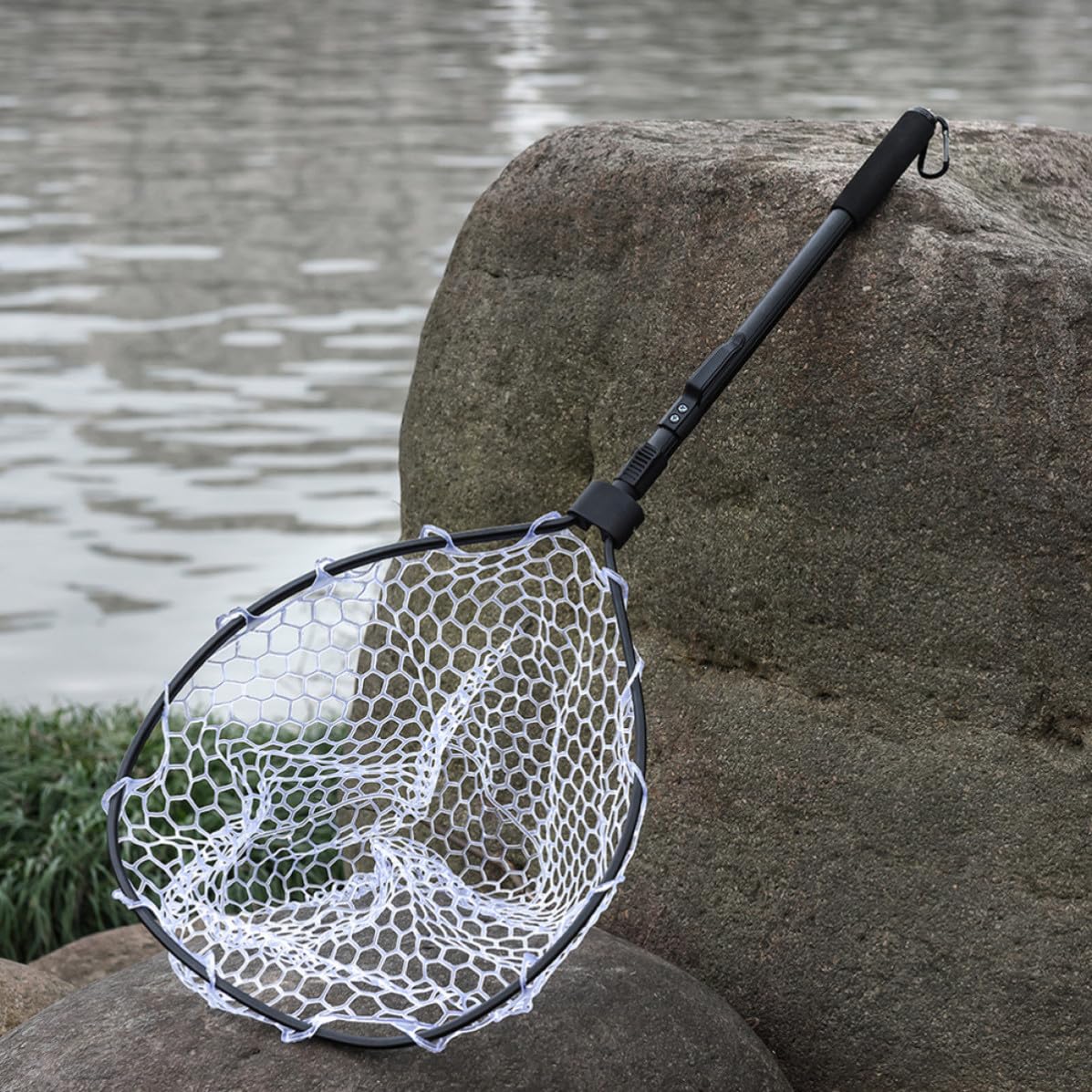 Red de Pesca Plegable Rápida de Aluminio Negro Malla | Aleación de Aluminio, Malla de Goma Eva, Forma Clásica, Ligera Fácil Transporte para Orilla y Barco
