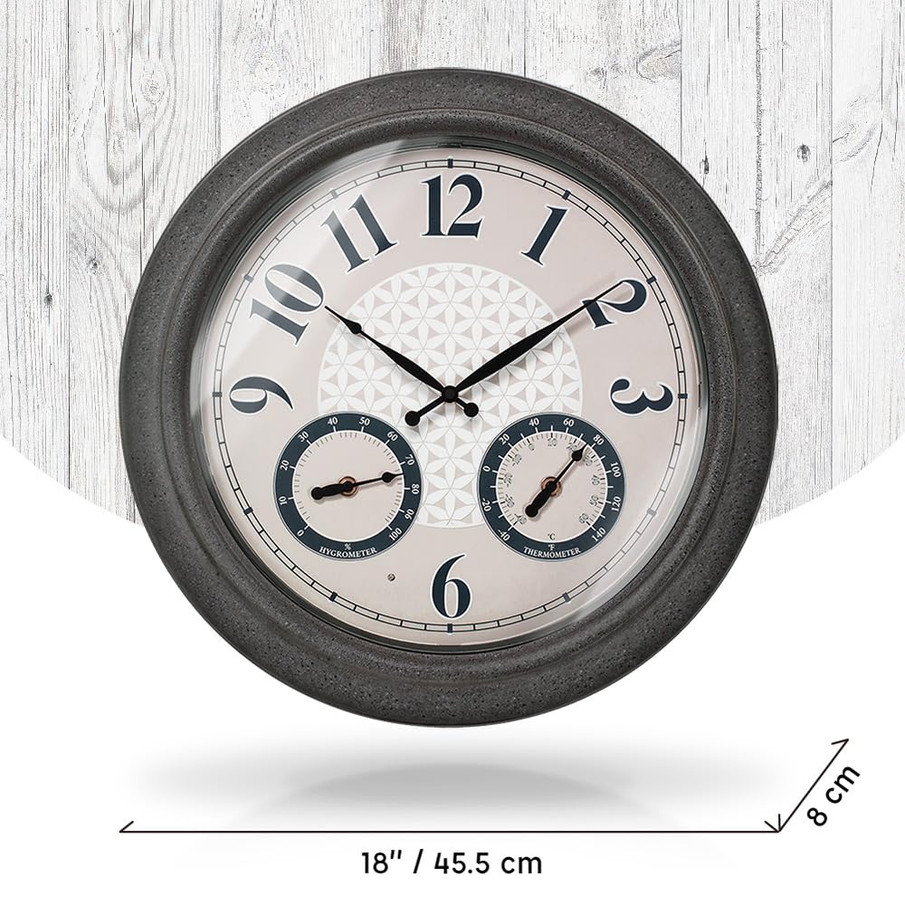 PresenTime & Co 45 cm do wewnątrz / na zewnątrz świecący zegar ścienny do domu wiejskiego z termometrem i higrometrem, mechanizm kwarcowy - wykończenie z szarym kamieniem, jasne ciepłe światło