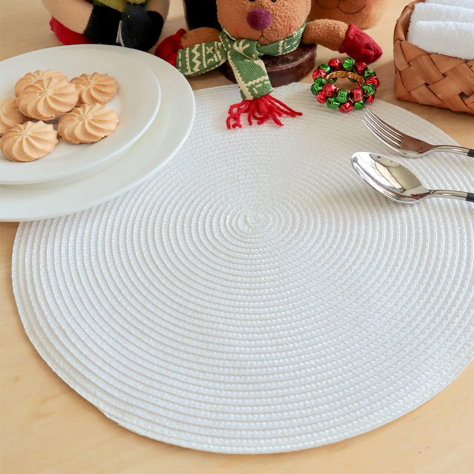 Tischset Rund Geflochten, 6er Set Tischsets Rund Platzsets 15 Inch Abwaschbar Hitzebeständig Platzdeckchen für Geburtstags,Party,Hochzeit,Weihnachten (Weiss,38cm) Küche, Haushalt & Wohnen