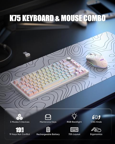 RedThunder K75 75% Wireless Membrane Keyboard and Mouse,3-Mode 2.4G/BT/USB-C,US Layout Side-Engraved,Volume Knob,TKL Ultra Compact Design,Optical Gaming Mouse with 4800DPI for PC Mac (Contour White) - 2