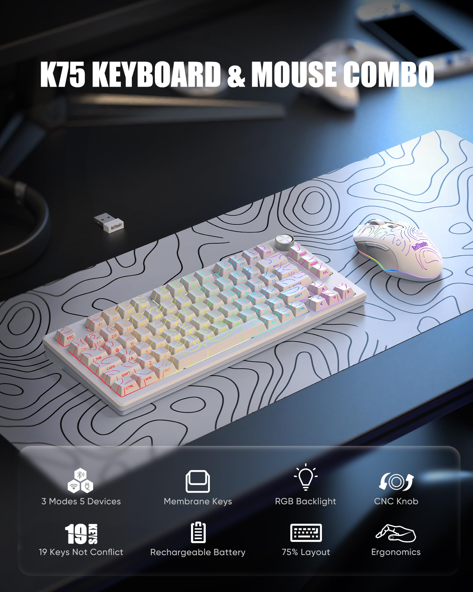 RedThunder K75 75% Wireless Membrane Keyboard and Mouse,3-Mode 2.4G/BT/USB-C,US Layout Side-Engraved,Volume Knob,TKL Ultra Compact Design,Optical Gaming Mouse with 4800DPI for PC Mac (Contour White) - 3