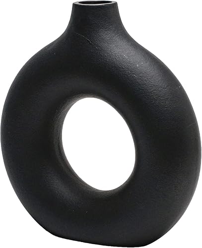 Black Donut Vase Hollow Ceramic Vase for Flowers Handmade Minimalist Boho ins Style Modern Home Decor for Wedding Dinner Table Party Living Room Office Bedroom
