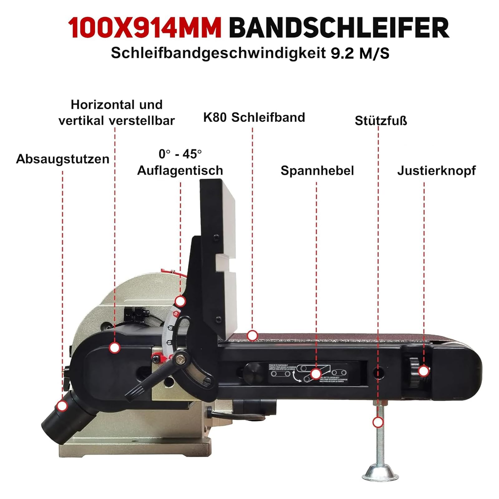 BUCKTOOL 500W Band-Tellerschleifer mit Zubehör | Bandschleifmaschine mit Schleifbandgeschw 9.2 m/s, Schleifteller Drehzahl 2980 U/min