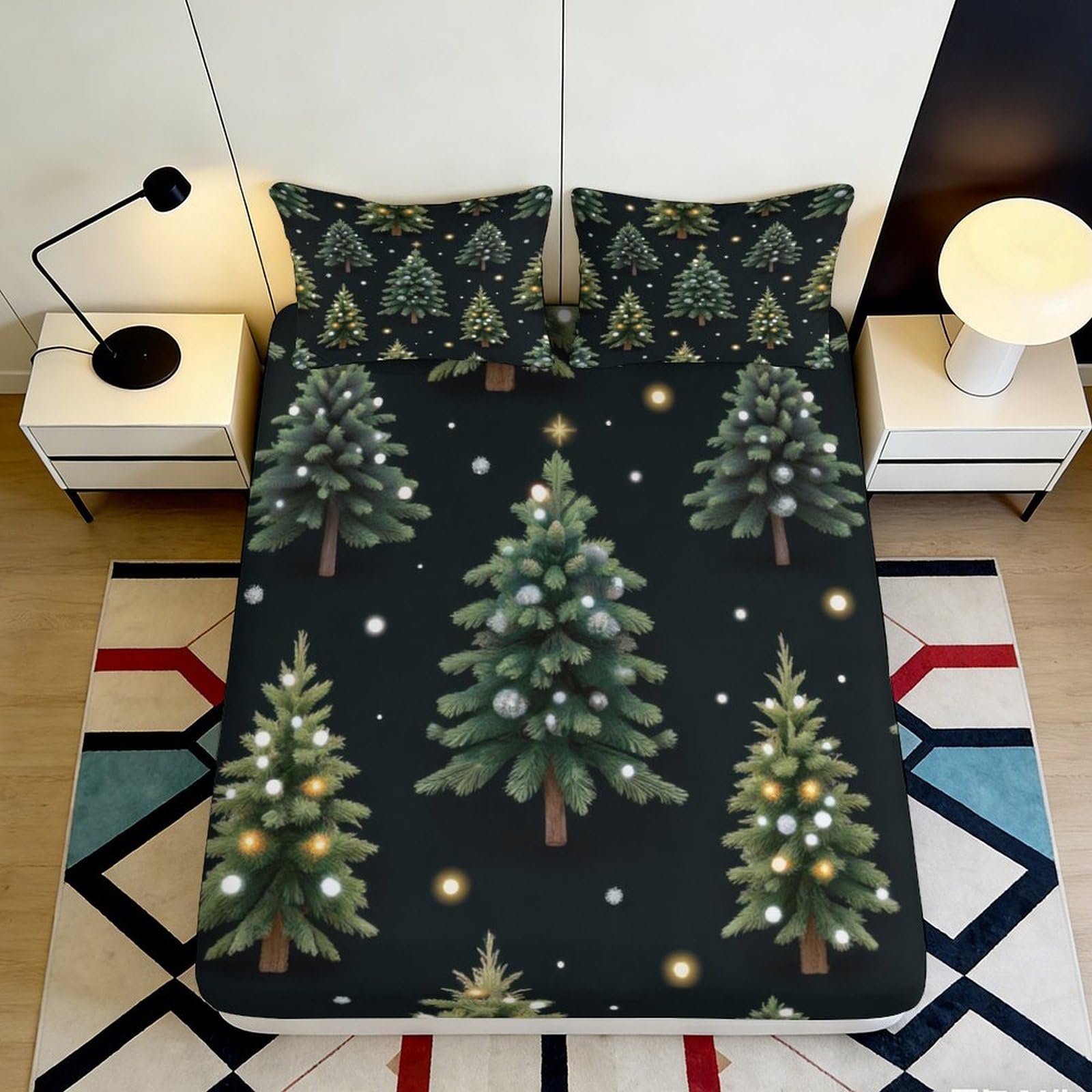 3D Printed Christmas Tree Fitted Sheet Microfiber Soft Green Pine Snow Bed Cover for Bedroom Guestroom Decor 120x200x25cm