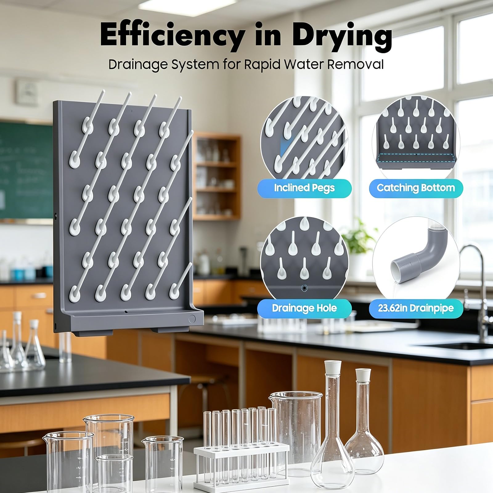 MObyat Escurridor De Laboratorio con Clavijas De 13,8 Cm, 27 Clavijas para Secar Botellas con Tubo De Drenaje De 60 Cm, Diseño De Drenaje Inclinado, para Material De Vidrio De Laboratorio
