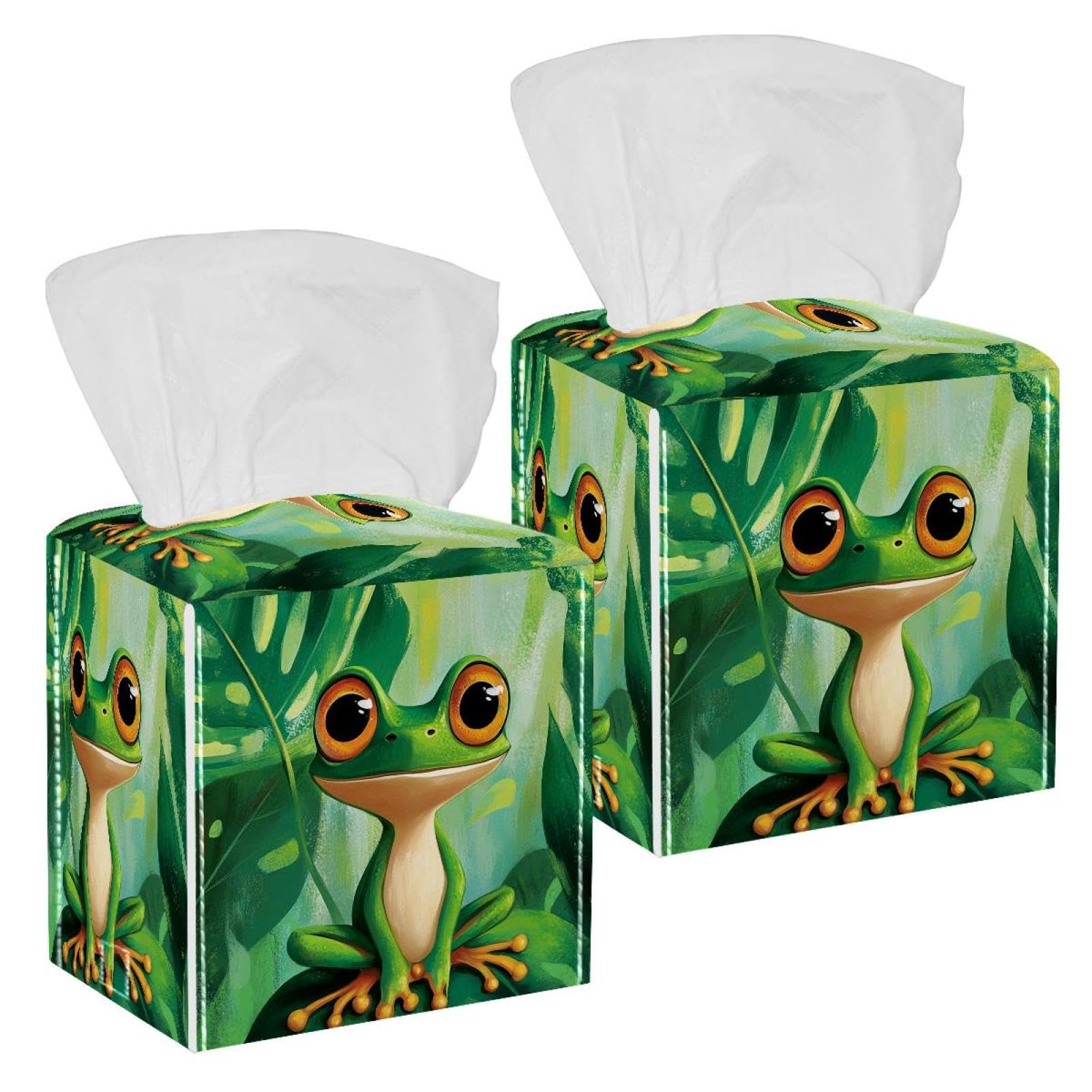 Cute Frog Tissue Box Cover, 2 Pack PU Leather Square Facial Tissue Dispenser Box holder for Home Office Car