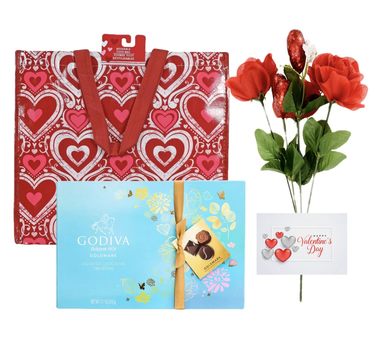 Valentine Day Gift Basket | Godiva Chocolate Giftbox, 22 CT | Artificial Rose Flower With Glitter Heart Bouquets | Love Heart Gift Bag (Bags May Vary). Valentine Card Included!!! : Grocery & Gourmet Food