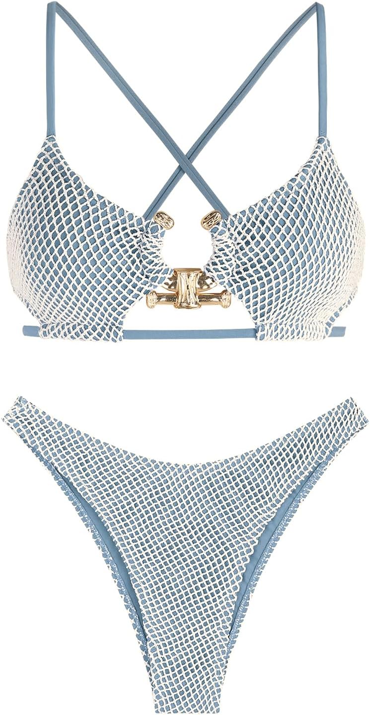 ZAFUL Women's Sexy Cutout Bikini Set High Cut Textured Metal Ring Cheeky Swimsuit Two Piece Bathing Suit