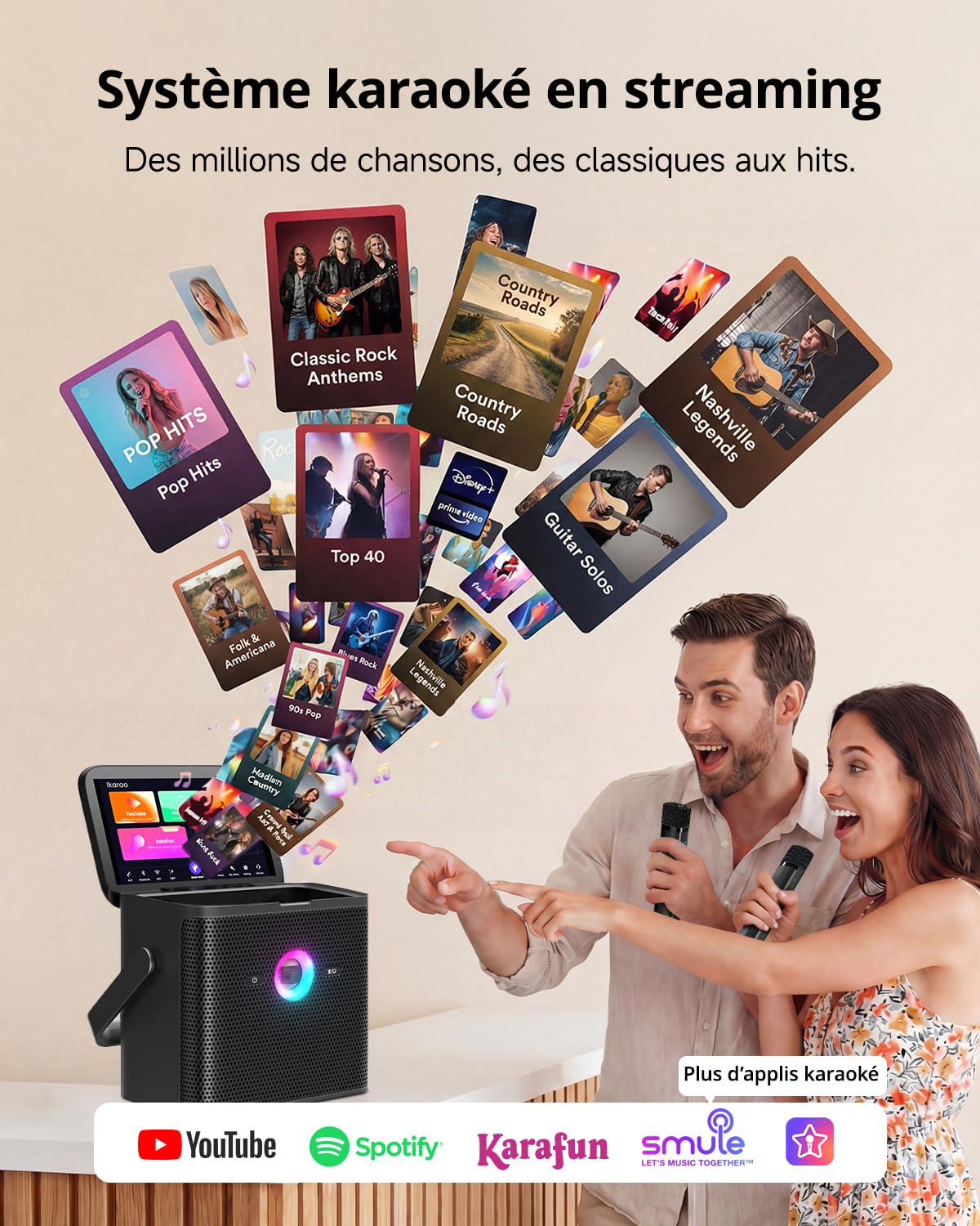 Machine de karaoké Ikarao pour adultes et enfants, avec écran d'affichage des paroles, connexion WiFi à YouTube et à l'application de karaoké, 2 microphones sans fil EQ Autotune, système PA de karaoké