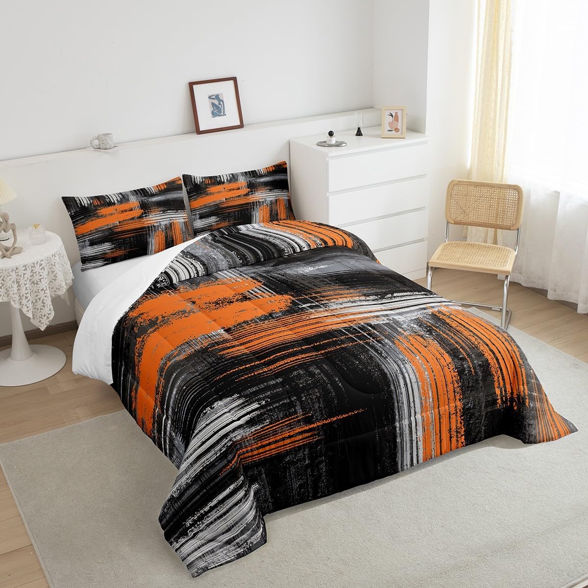 Abstract Orange and Black Comforter Queen, Abstract Graffiti Art Bedding Set Geometric Artistic Smear Comforter Set for Kids Boys Girls Grunge Orange Ombre Duvet Set Microfiber Quilt Set Queen Size
