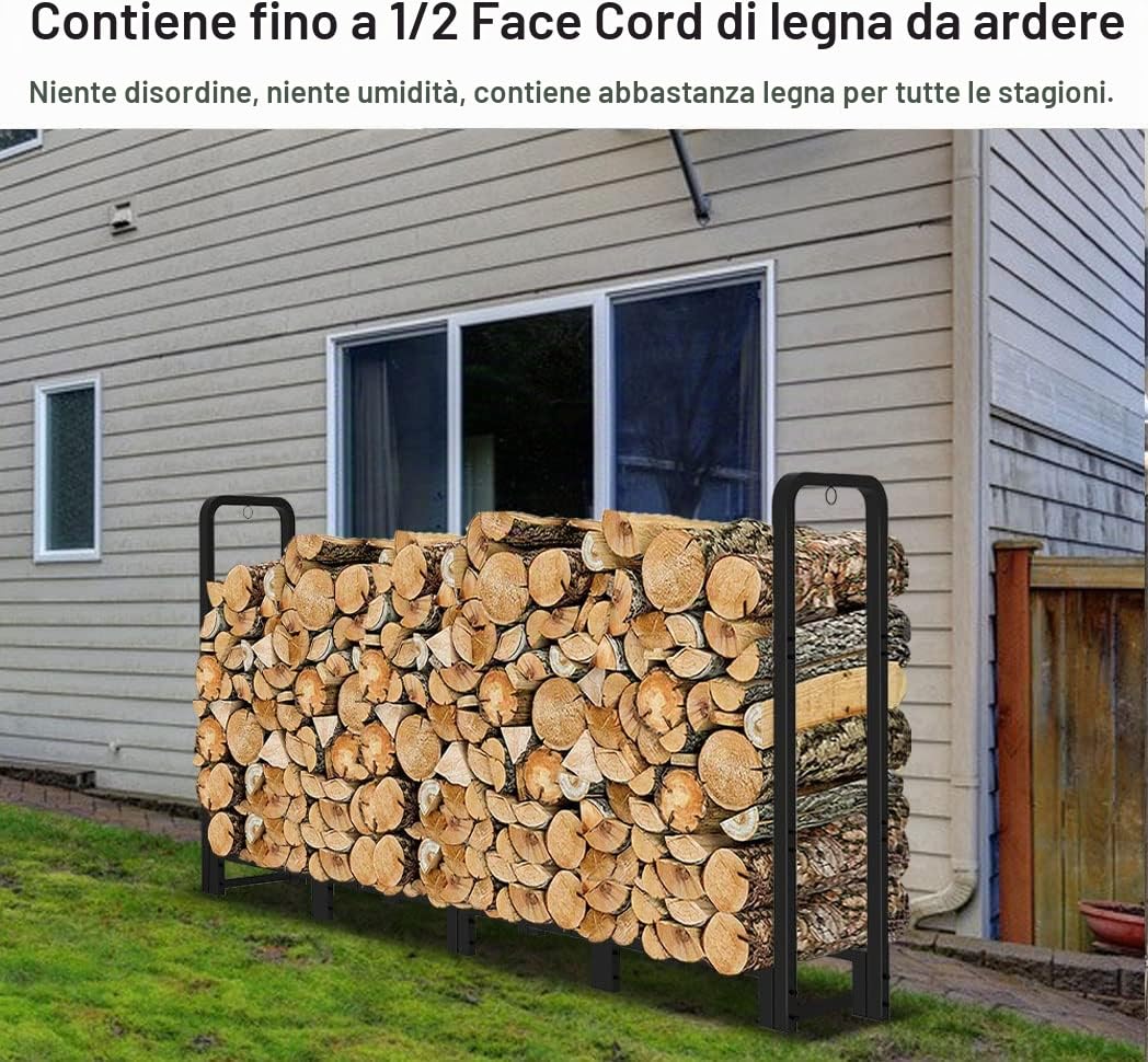 Portalegna da ardere per esterni, 2,4 m, resistente, per camini interni, in metallo e legno, nero opaco