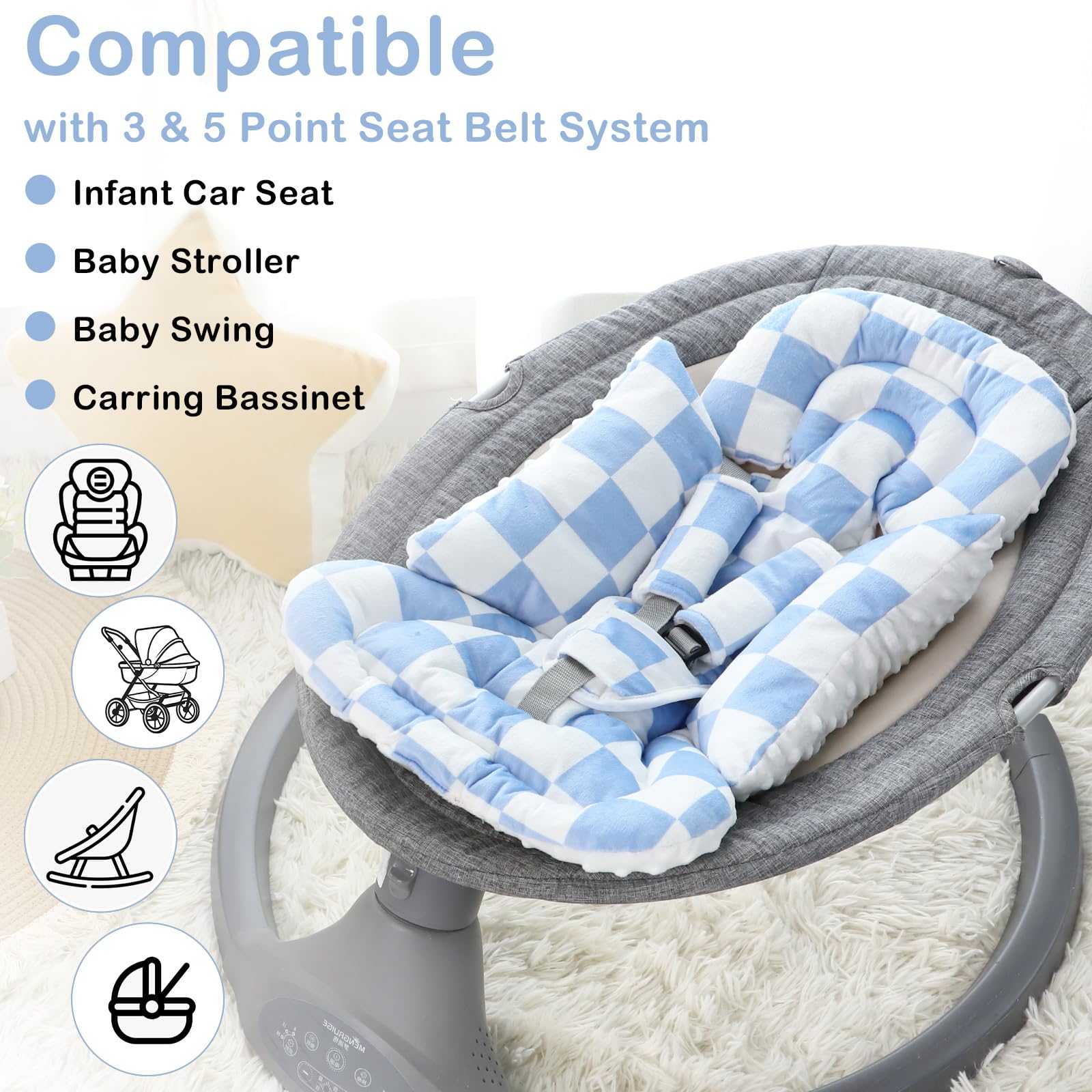 DILIMI Infant Car Seat Insert, Baby Car Seat Head Support with 3 Strap Paddings, Soft Newborn Car Seat Cushion for Stroller, Swing, Bouncers, Blue Checkered