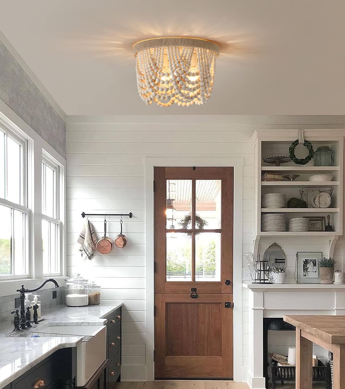 AMZASA Wood Beaded Flush Mount Ceiling Light Farmhouse Rustic Small Boho Chandelier Light Fixture for Bedroom Hallway Entryway Closet Kitchen Dining Room Living Room Nursery 3-Lights