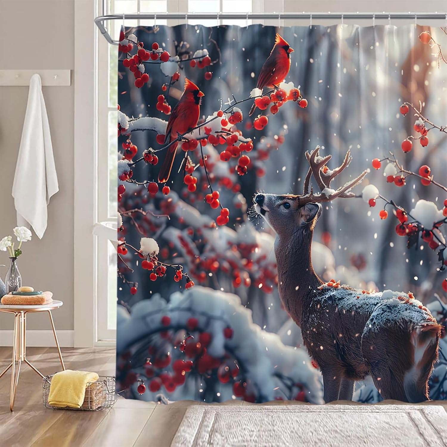 GCTNBJL Winter Deer Shower Curtain Reindeer Tree Red Bird Berry Snow Forest Christmas Rustic Animal Cabin Extra Long Bathroom Home Curtain with Hooks,70x78 Inch
