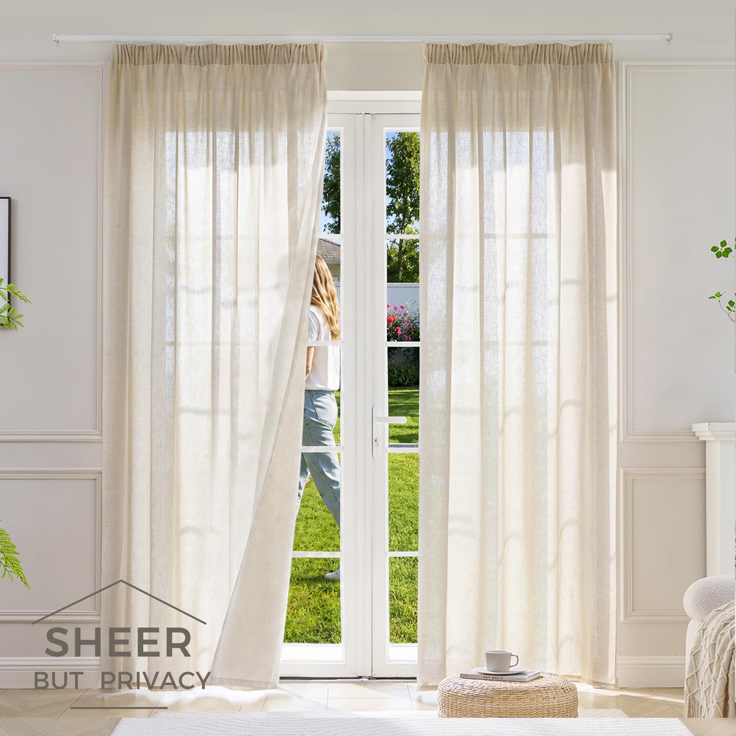 Rideau Voilage à 35% de Lin, Uni pour Fenêtre de Salon ou Chambre, Panneau de Draperie Intérieure avec Bande Multifonction pour Rail ou Tringle, Lin 140L X 280H cm (2pcs)