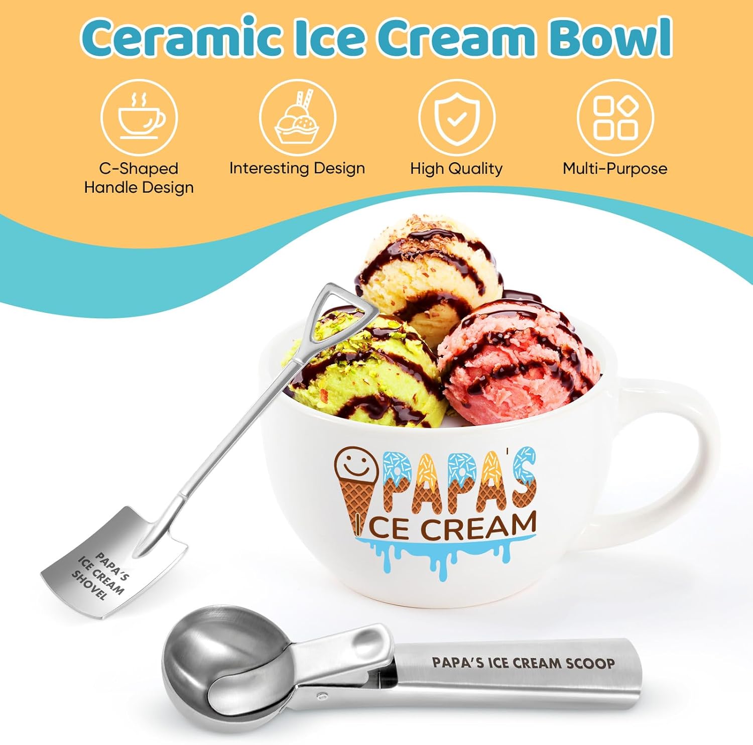 Christmas Gifts for Dad from Daughter Son Dad's Gifts for Father's Day Birthday Ice Cream Bowl and Scoop Dad's Ice Cream Shovel Set Present（Papa） - Image 2