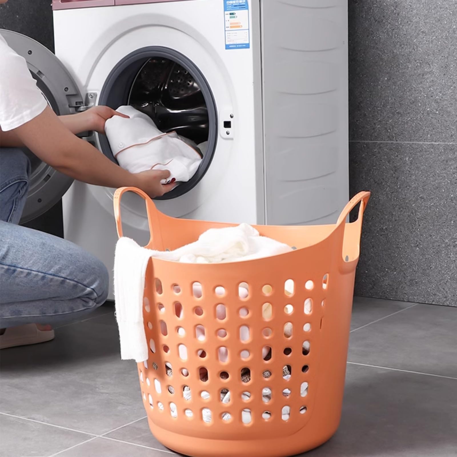 Cesto portabiancheria in plastica flessibile con manico, cesto rotondo portatile per la casa, cestino ventilato o borsa della spesa
