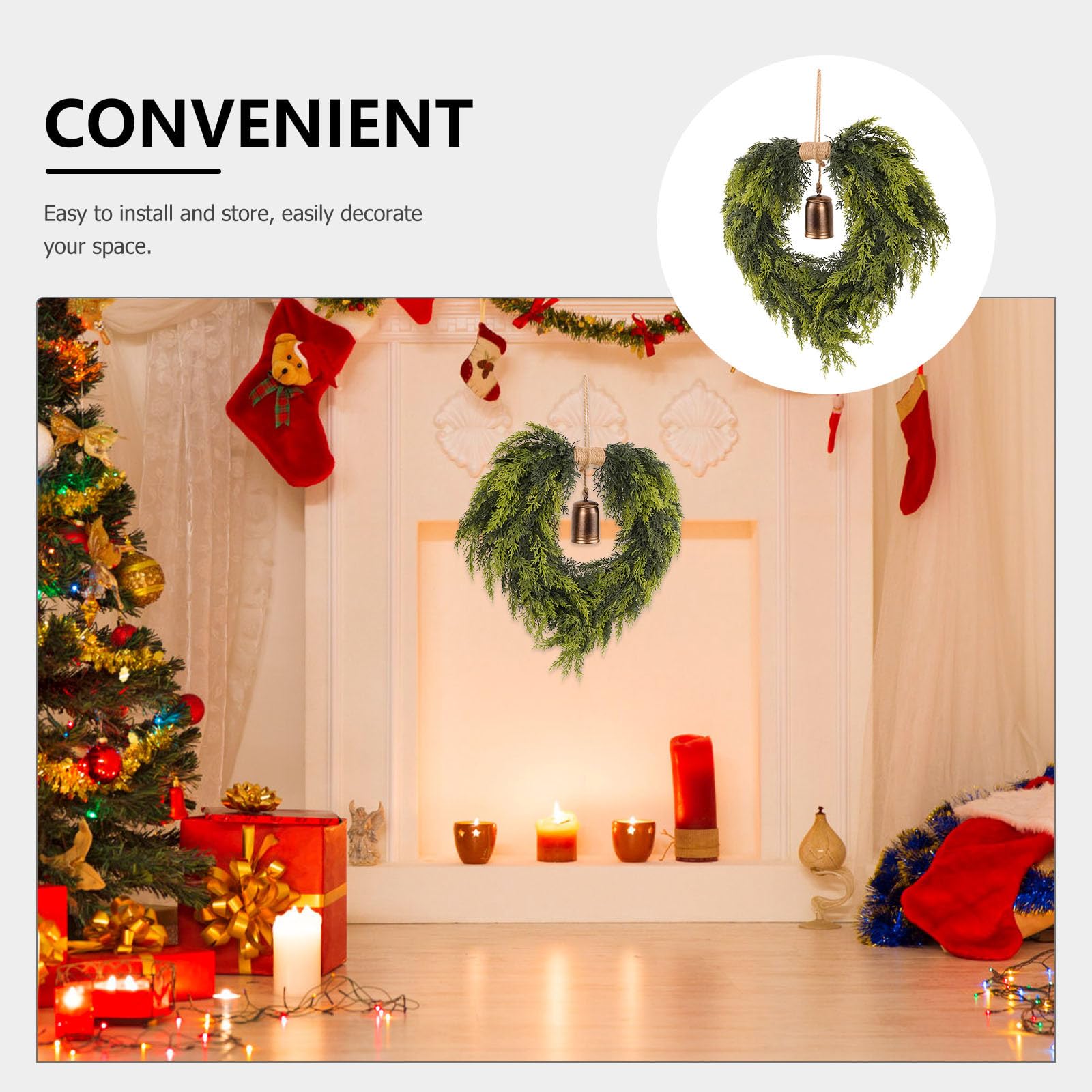 Alipis Guirnalda Navideña de Corazón con Cascabeles Guirnalda de Pino y Cedro Artificial Decoración para Puerta de Entrada Porche y Ventana de Navidad