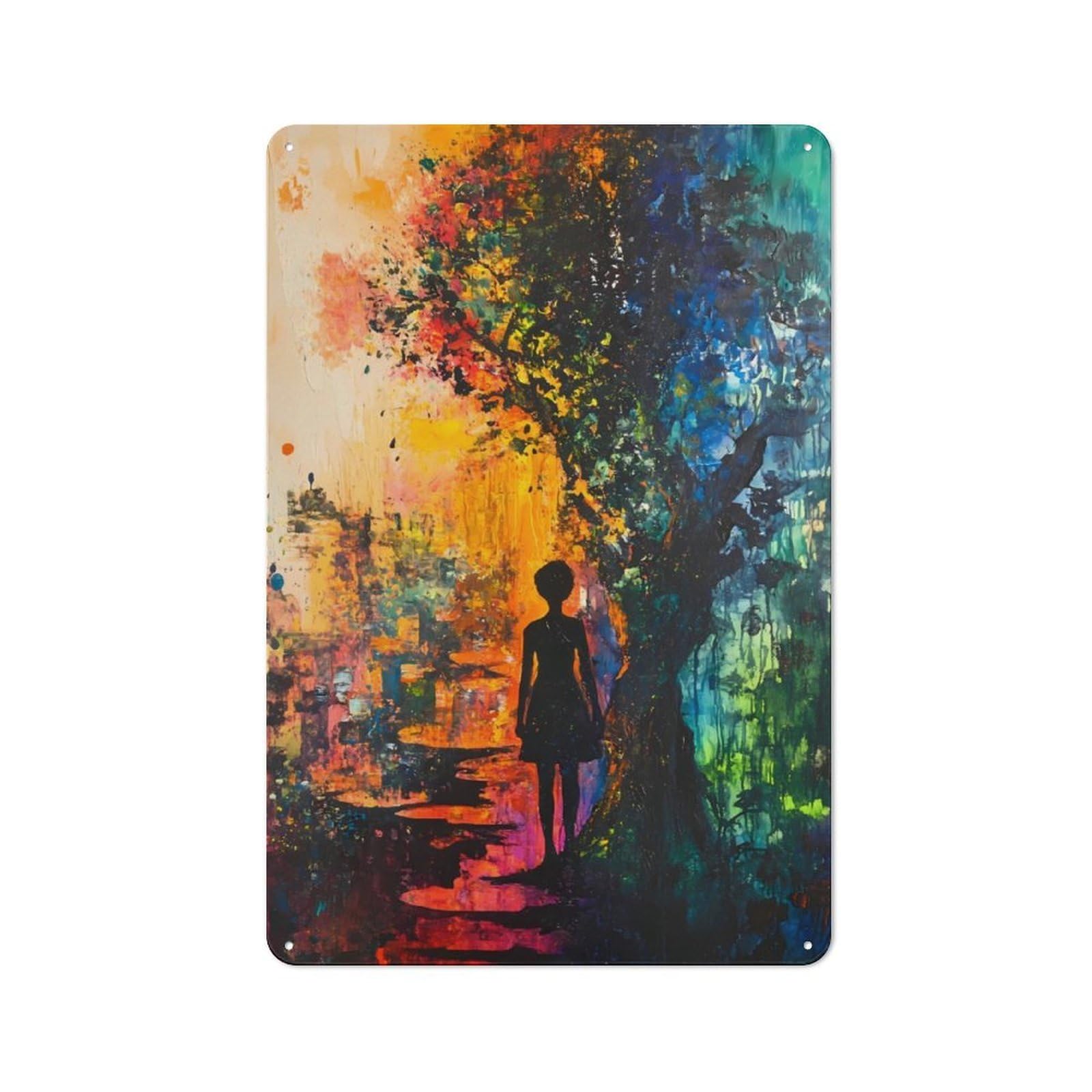 Junmoney Silhouette Of A Woman In A Colorful Forest Decorative Metal Sign 30X20cm, Creative Studio Wall Plaque For Hobby Room, Office, Lounge Or Living Room