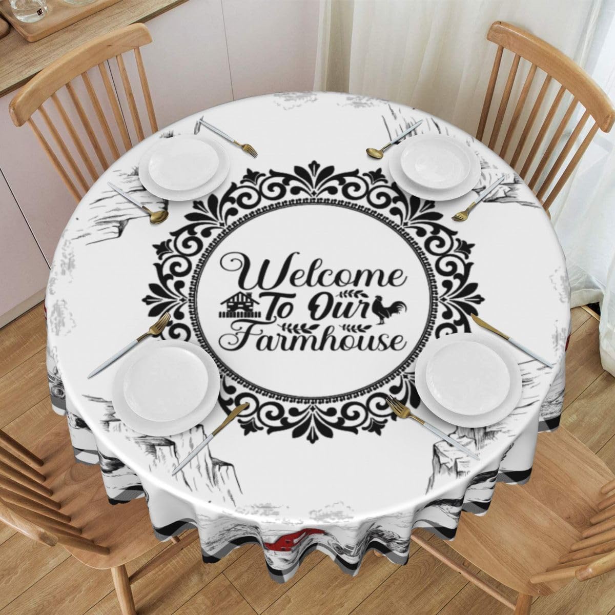 Farmhouse Tablecloth Round, Rustic Country Barn Cottage Cow Rooster Buffalo Plaid Water Resisitant Wipeable Table Cover for Dining Kitchen Living Room Home Party Holiday Decor 60 inch Round