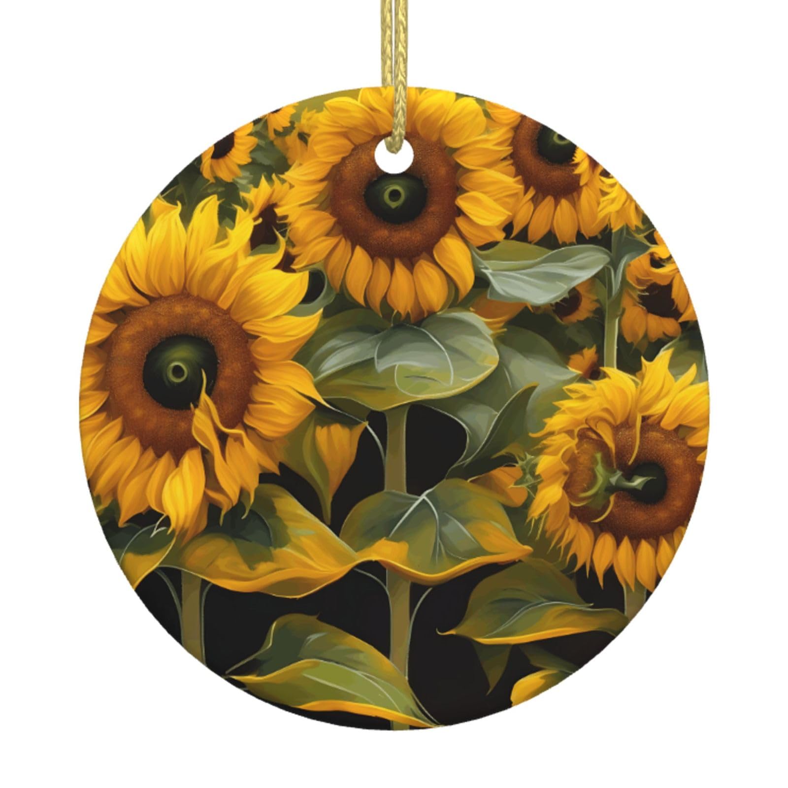 Sunflowers Print Christmas Ornaments, Ceramic Hanging Ornament, Round Shape Decorations