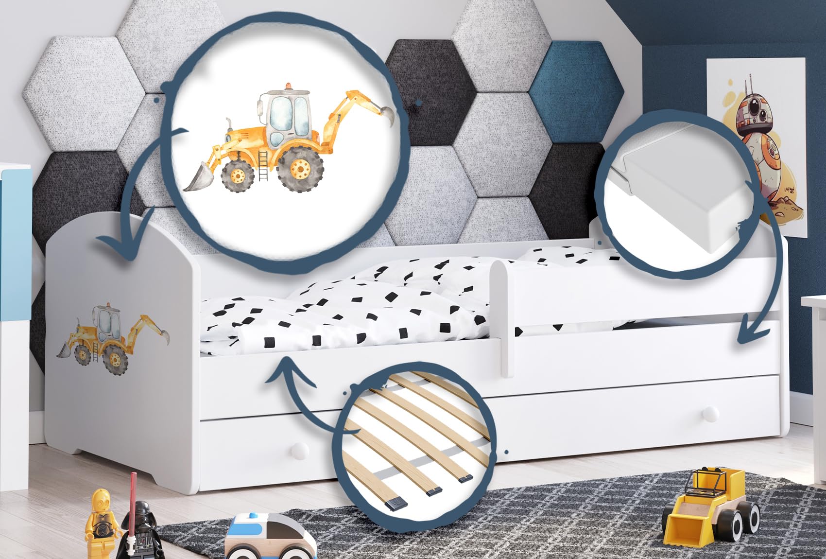 KOBI LUK - Cama infantil (160 x 80 cm), color blanco y blanco con almacenamiento con cajón, 160 x 80 cm | Cama infantil pequeña con camas para niños | con colchón y marco | Habitación Bebe | Cama
