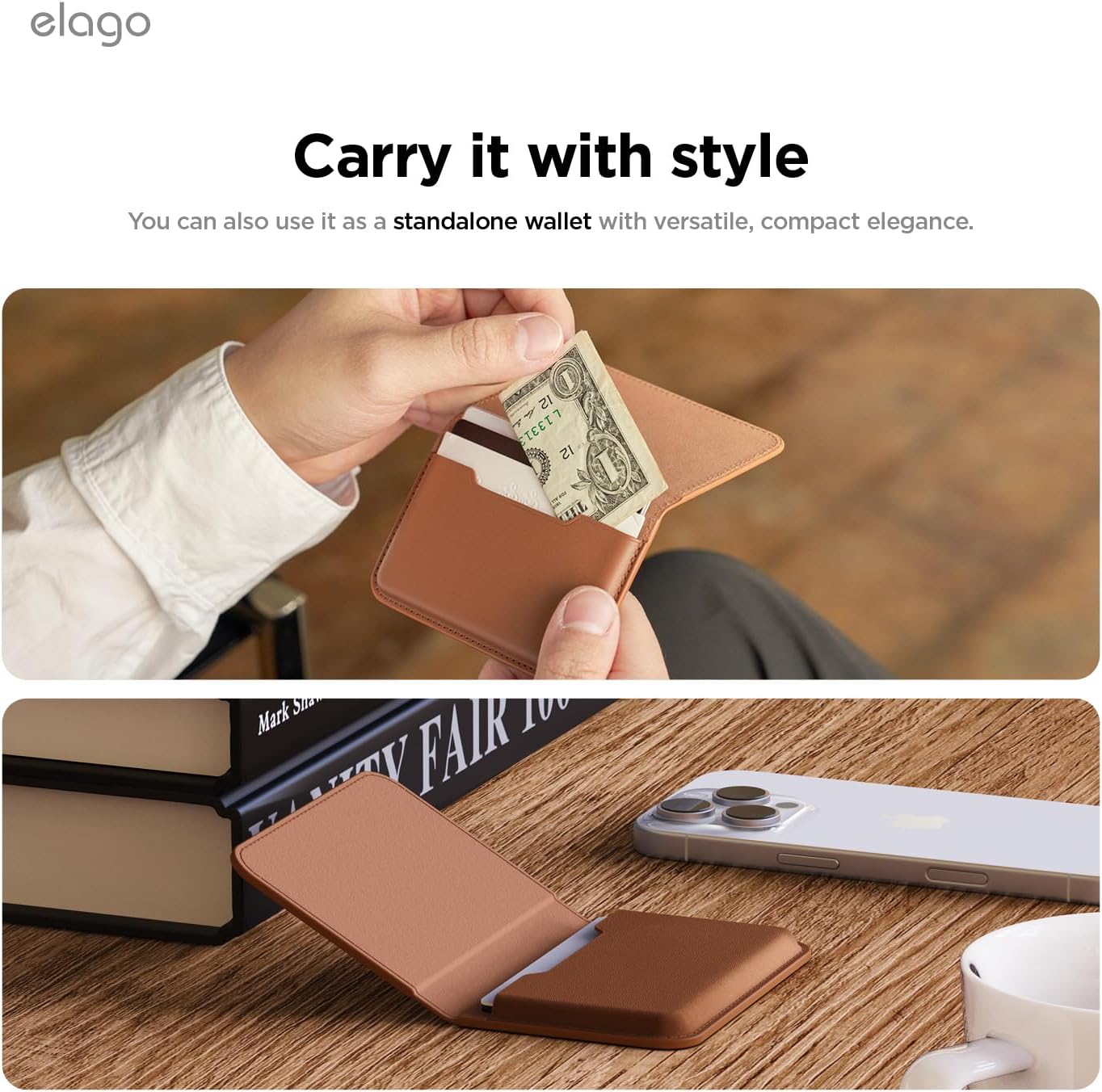 elago Magnetic Vegan Leather Wallet Card Holder 3-Cards Compatible with MagSafe for iPhone - Secure Phone Wallet, Scratch and Damage Protection [Brown] - Image 5