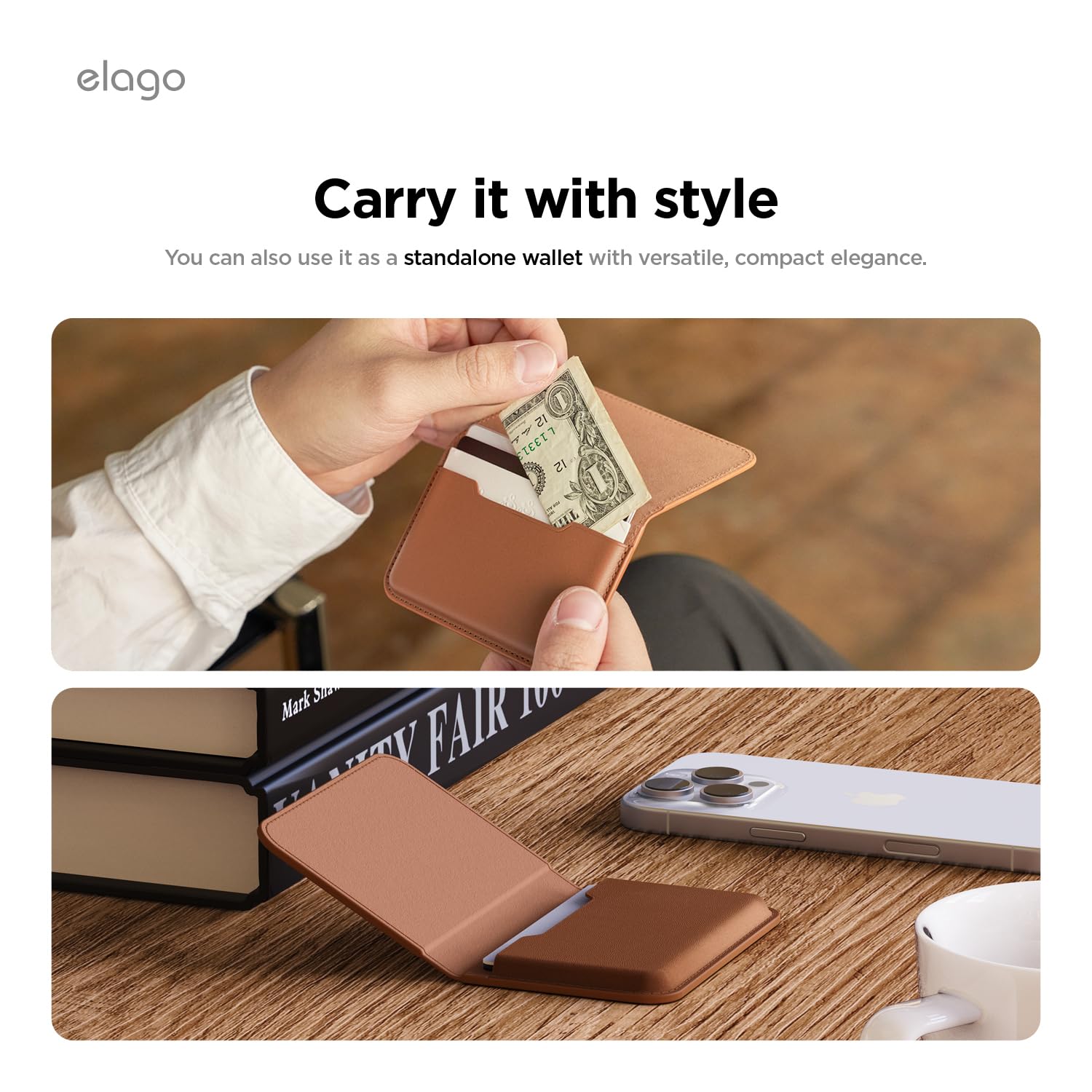 elago Magnetyczny Portfel ze Skóry Wegańskiej, Etui na Karty (3 Karty) Kompatybilny z MagSafe – Bezpieczny Portfel na Telefon, Ochrona przed Zarysowaniami i Uszkodzeniami (Brązowy)