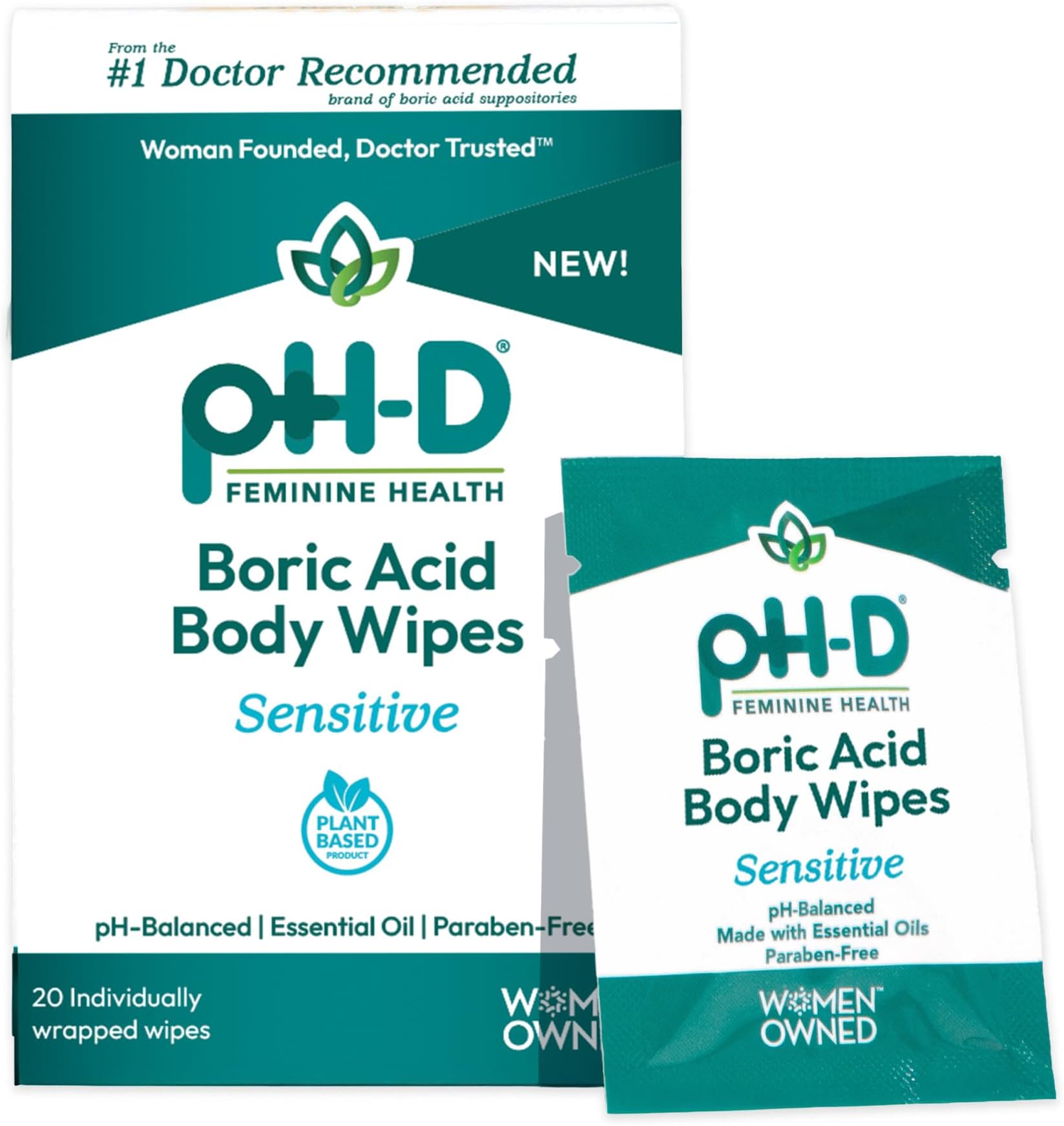 pH-D Feminine Health Support - Boric Acid Wipes - Holistic Body Wipes - Travel Friendly, pH-Balanced, Paraben-Free, and Made with Essential Oils - Sensitive - 20 count