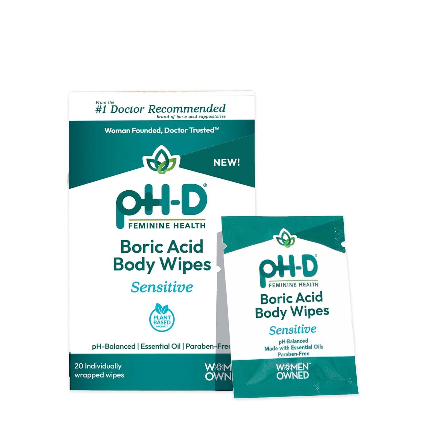 pH-D Feminine Health Support - Boric Acid Wipes - Holistic Body Wipes - Travel Friendly, pH-Balanced, Paraben-Free, and Made with Essential Oils - Sensitive - 20 count